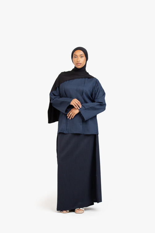 Navy Textured Double Pleat Top