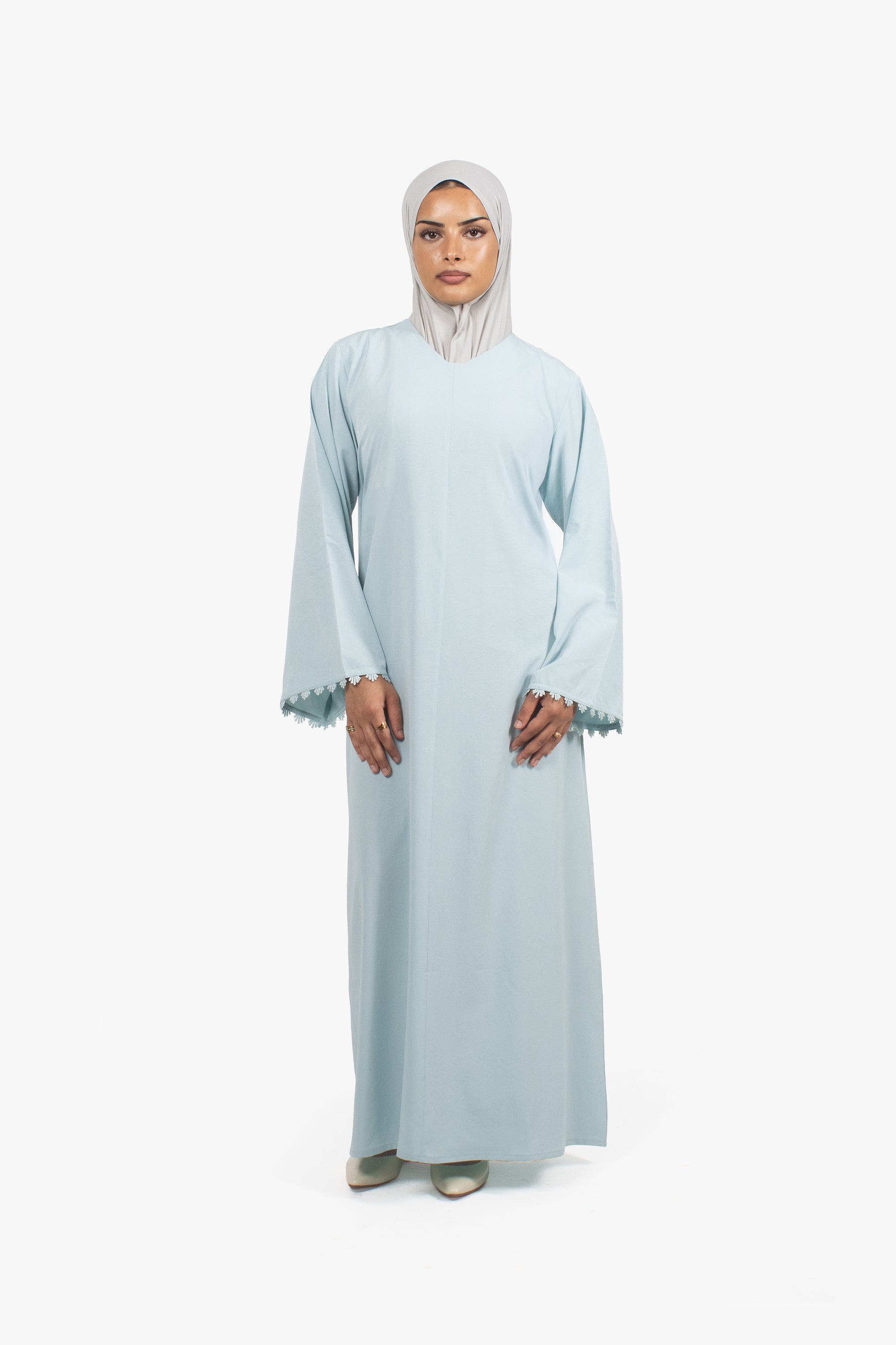 Mist Blue Etched Crepe Lace Abaya