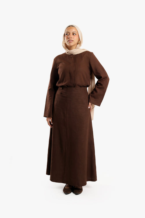 Mocha Brown Linen Cotton Covered Button Skirt