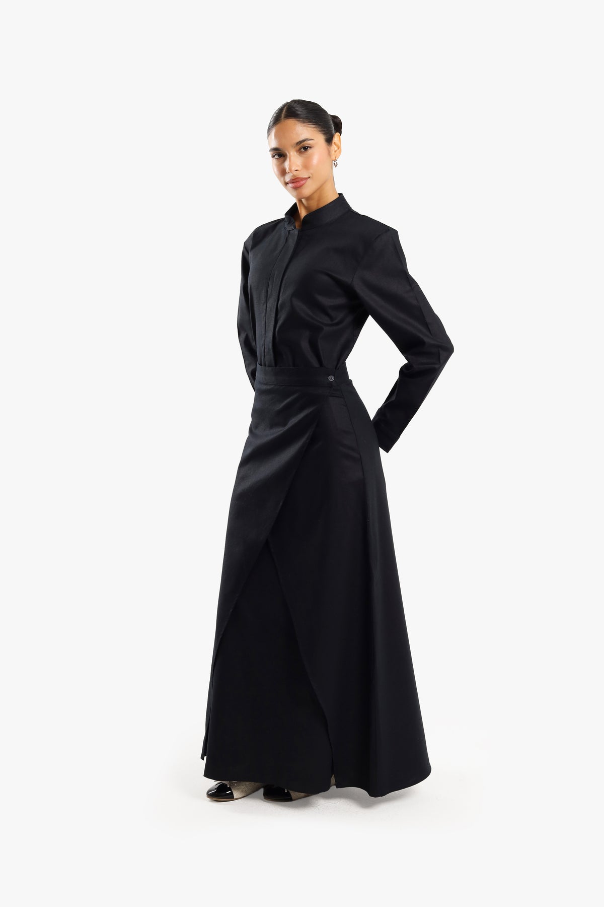 Black Linen Cotton Mandarin Two-Piece Dress