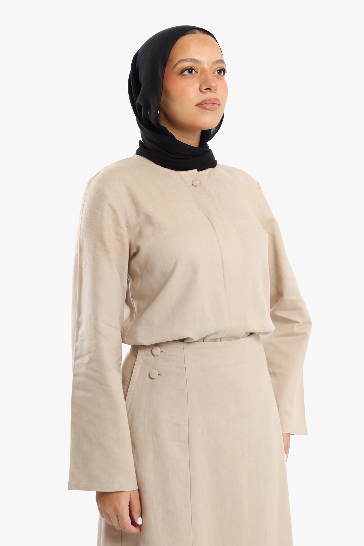 Latte Beige Linen Cotton Covered Button Skirt