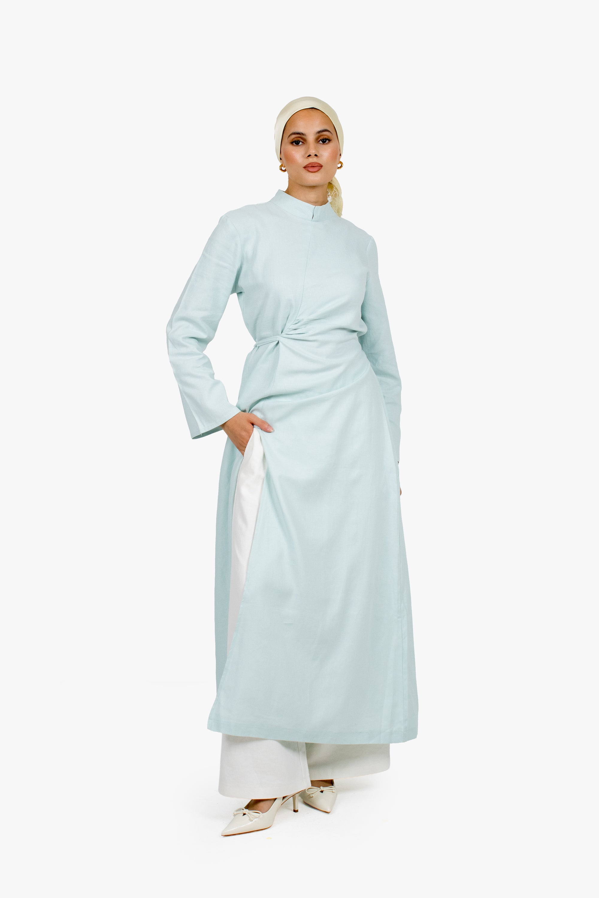 Baby Blue Linen Cotton Ruched Slit Dress