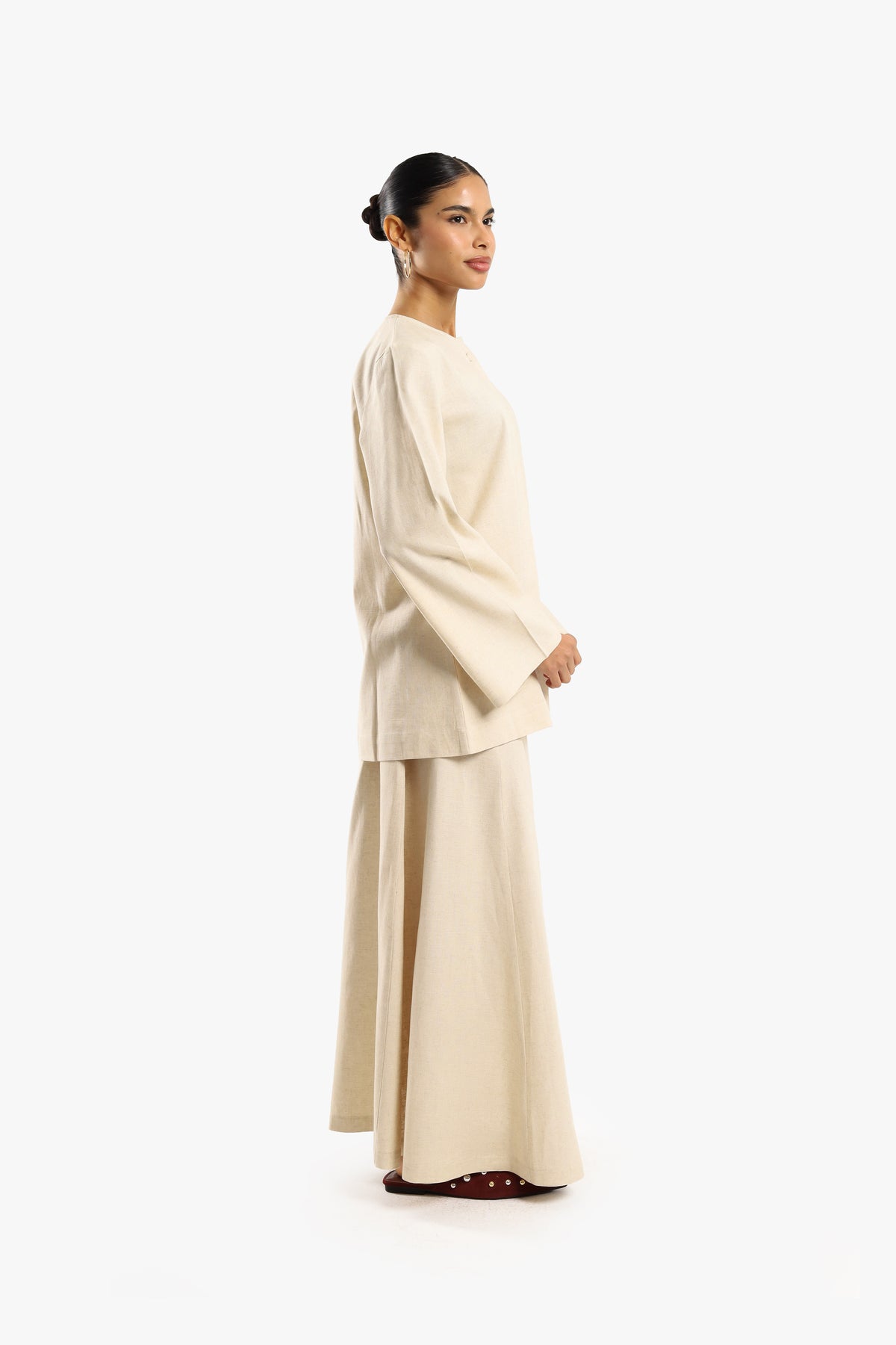 Cream White Linen Cotton Covered Button Top