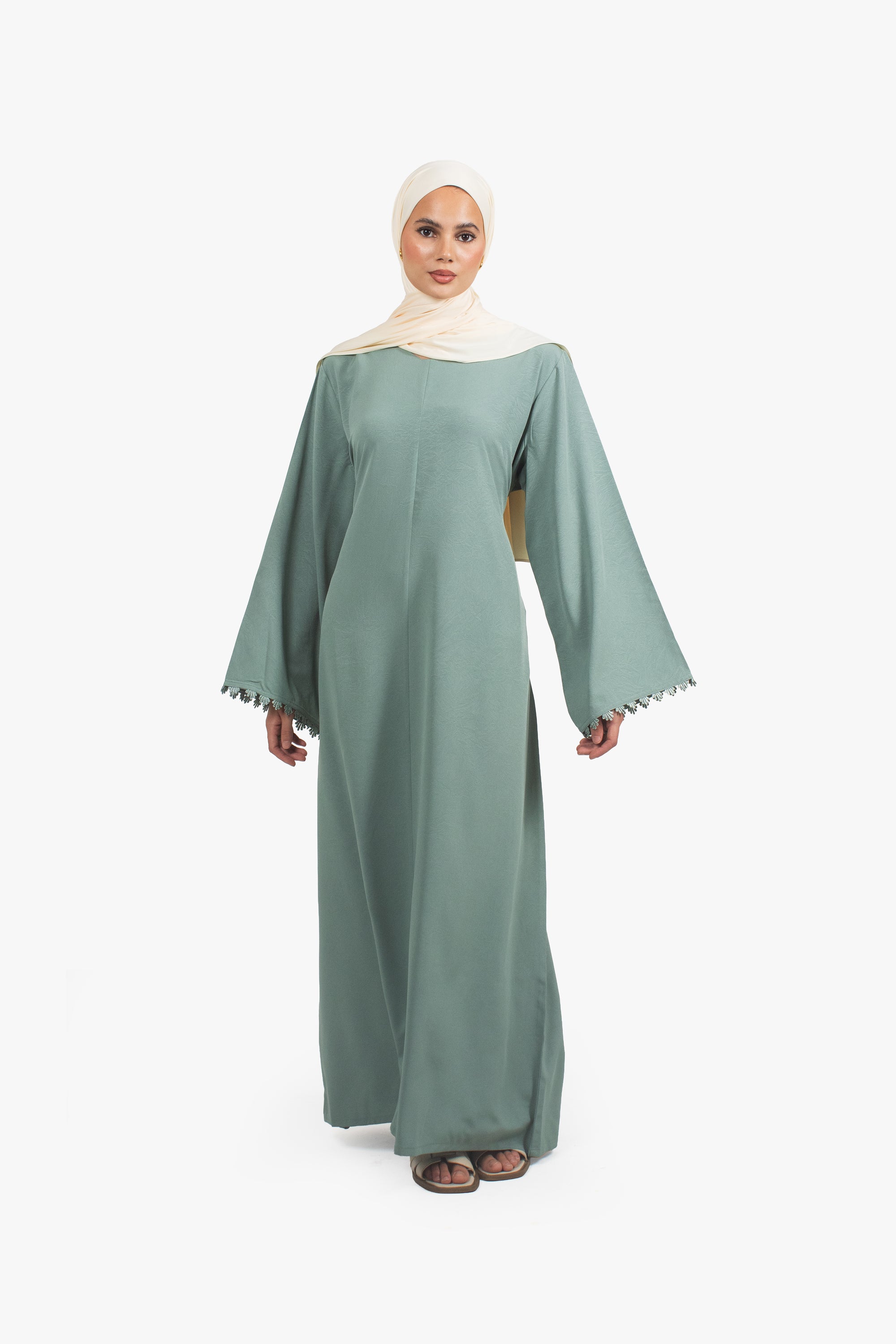 Sea Green Etched Crepe Lace Abaya