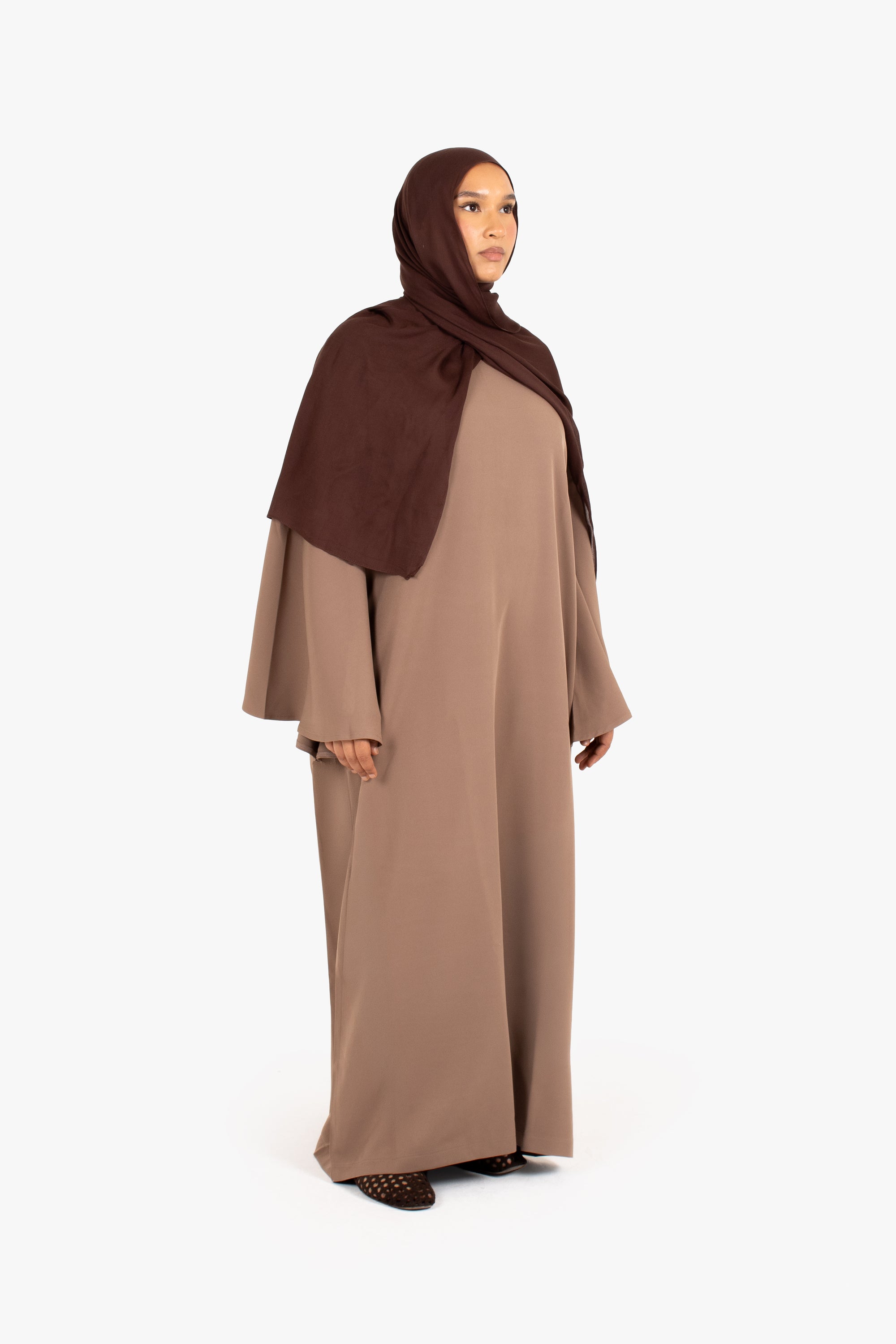 Beige Powder Touch Crepe Umbrella Sleeve Abaya