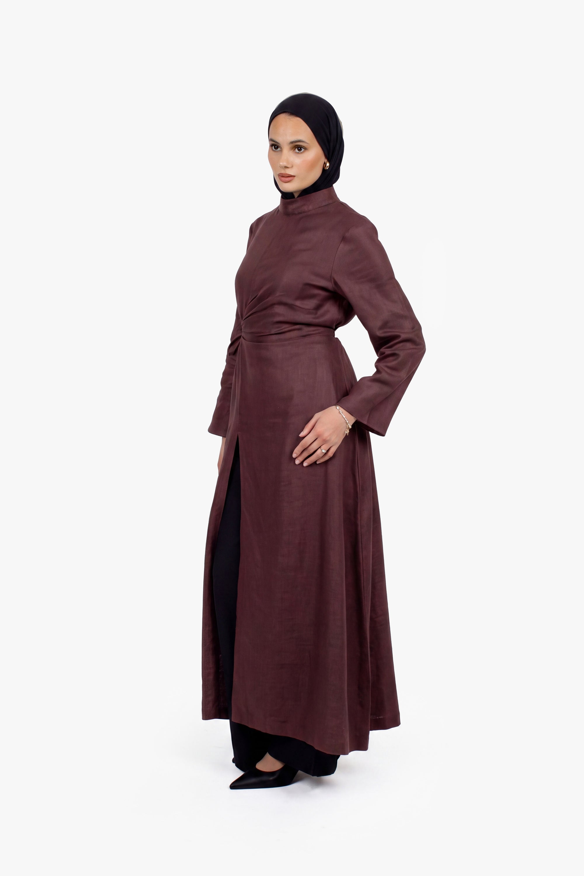 Chocolate Linen Cotton Ruched Slit Dress