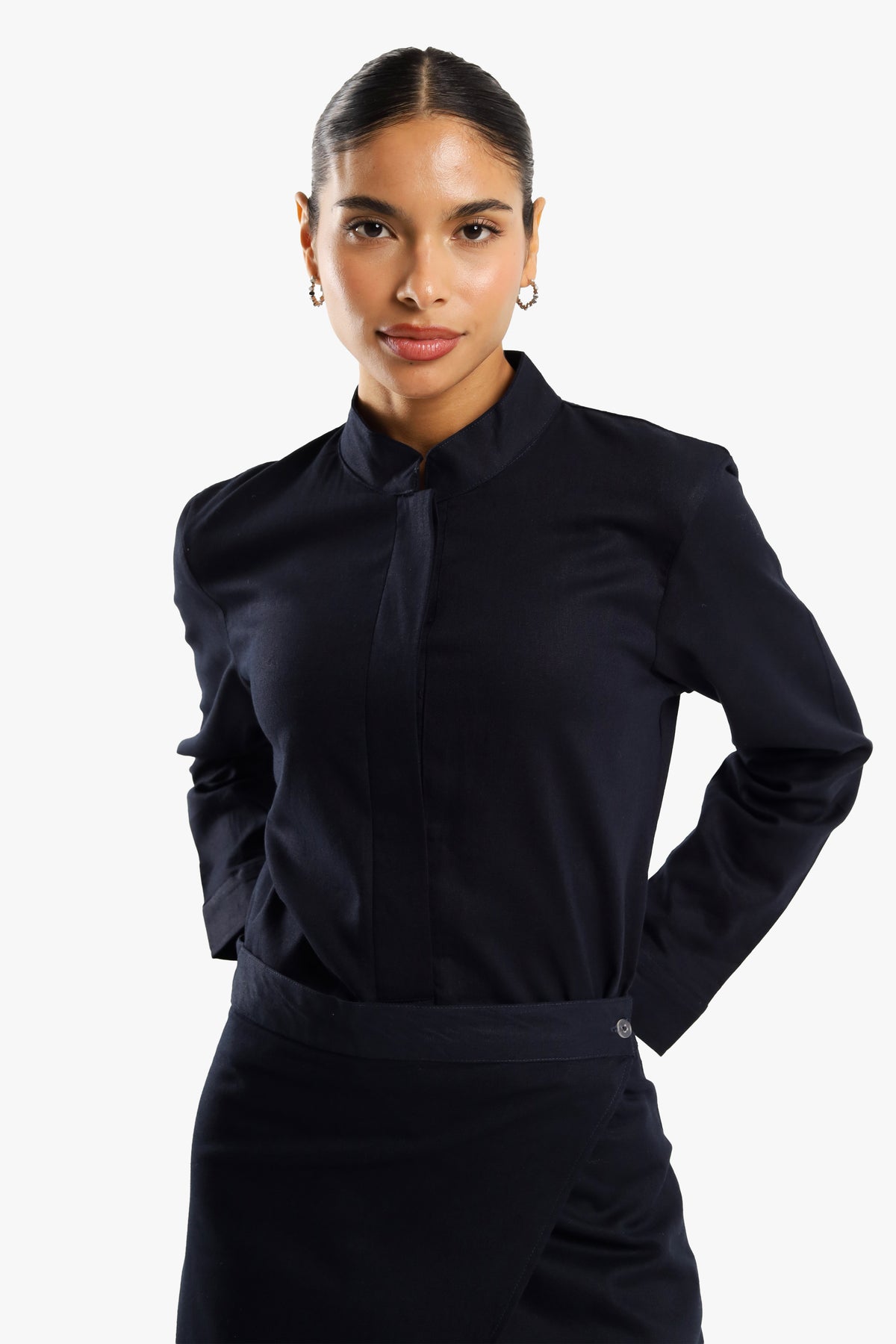 Navy Linen Cotton Mandarin Two-Piece Dress
