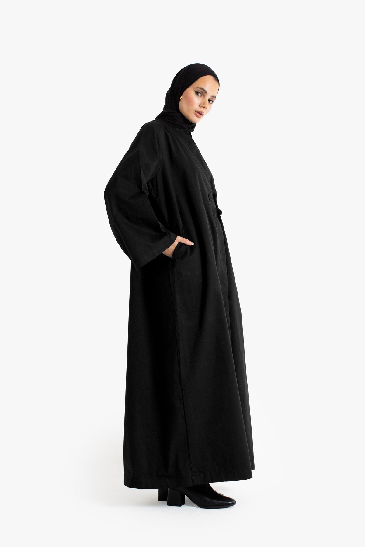 Black Cotton Frog Button Open Abaya