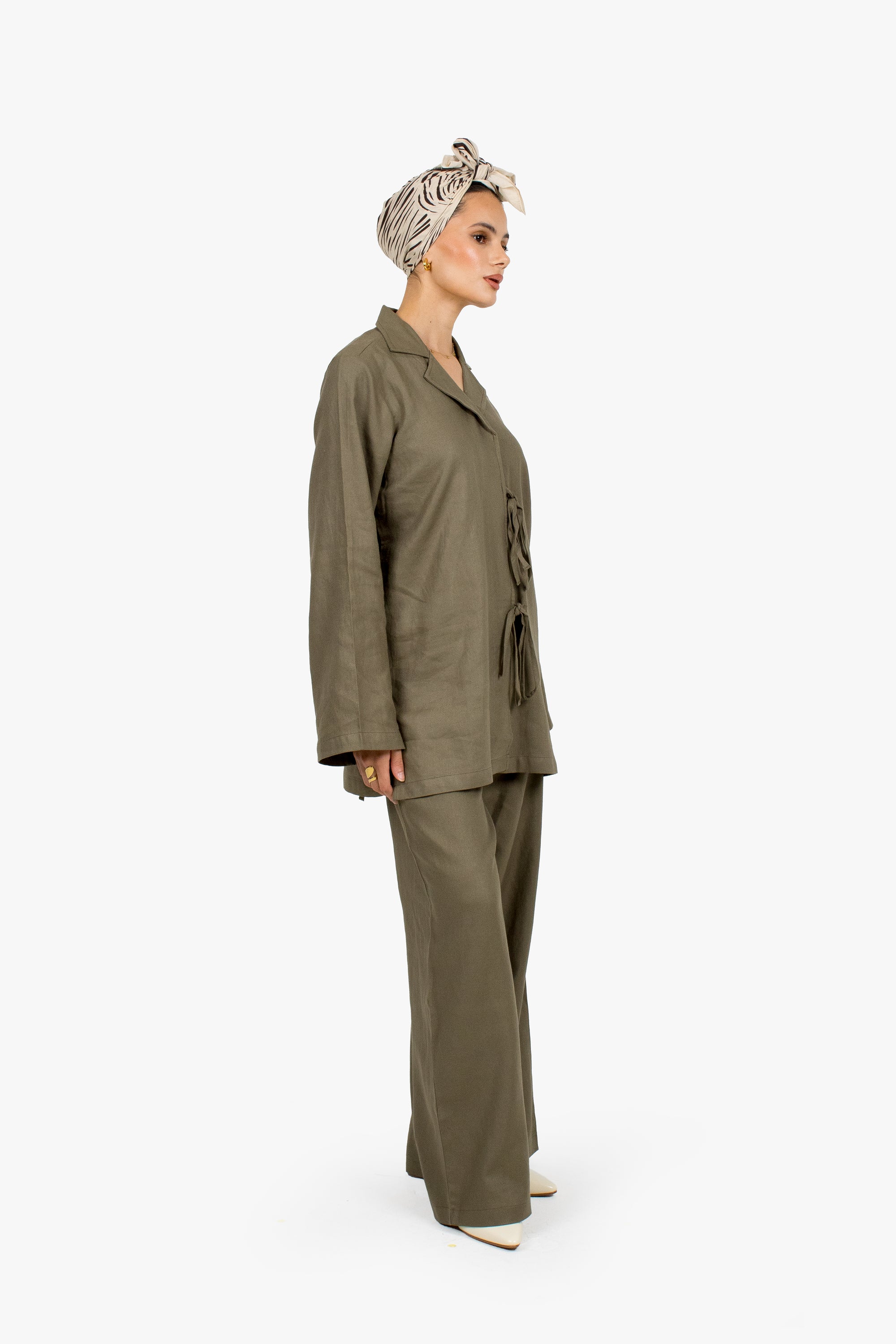 Olive Linen Cotton Notch Collar Top