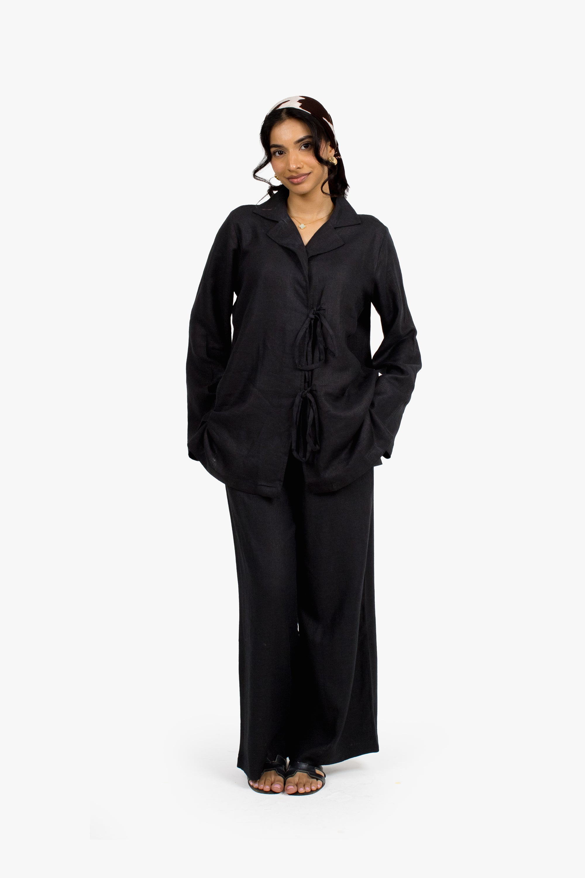 Black Linen Cotton Notch Collar Top