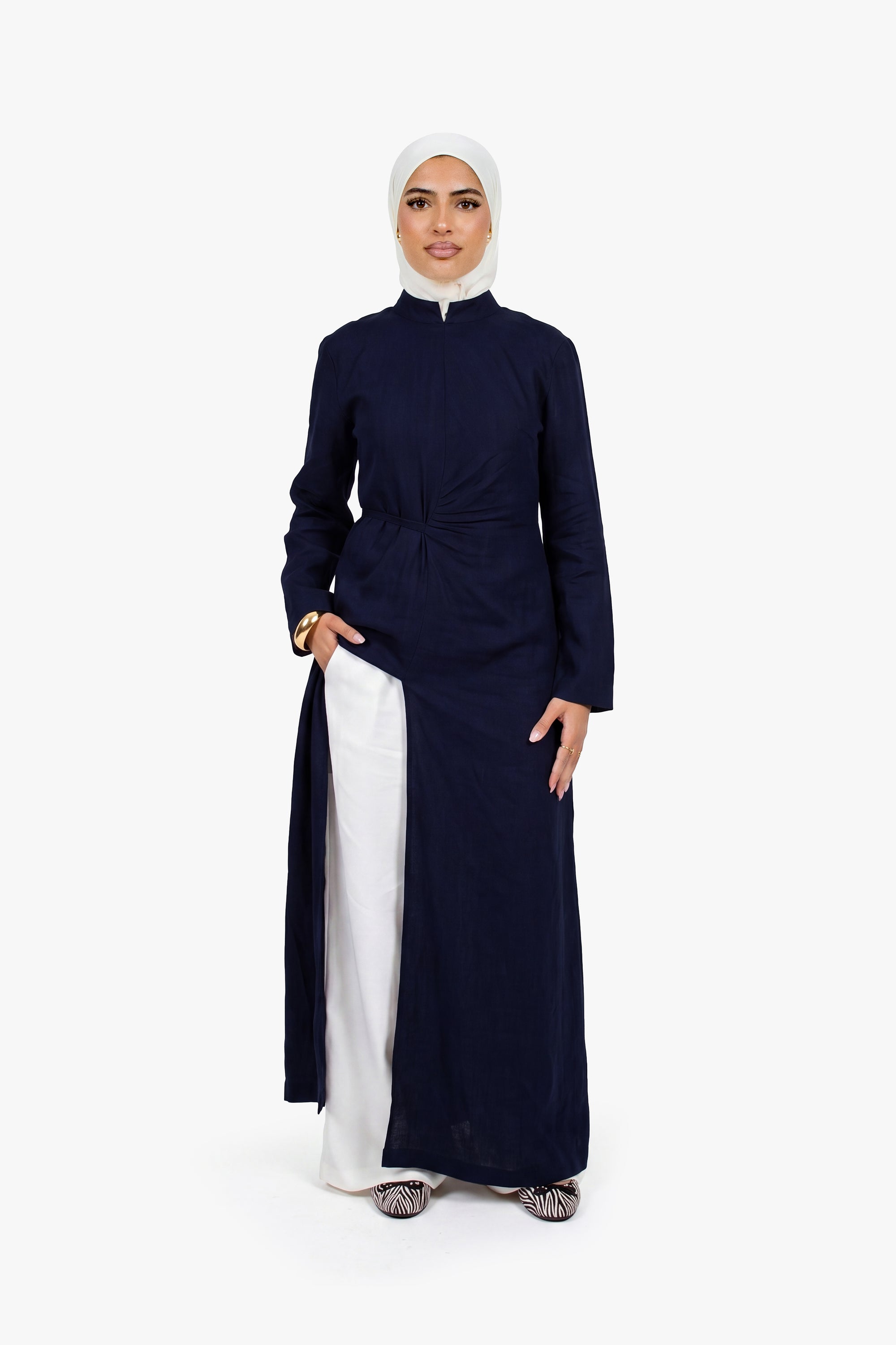 Navy Linen Cotton Ruched Slit Dress