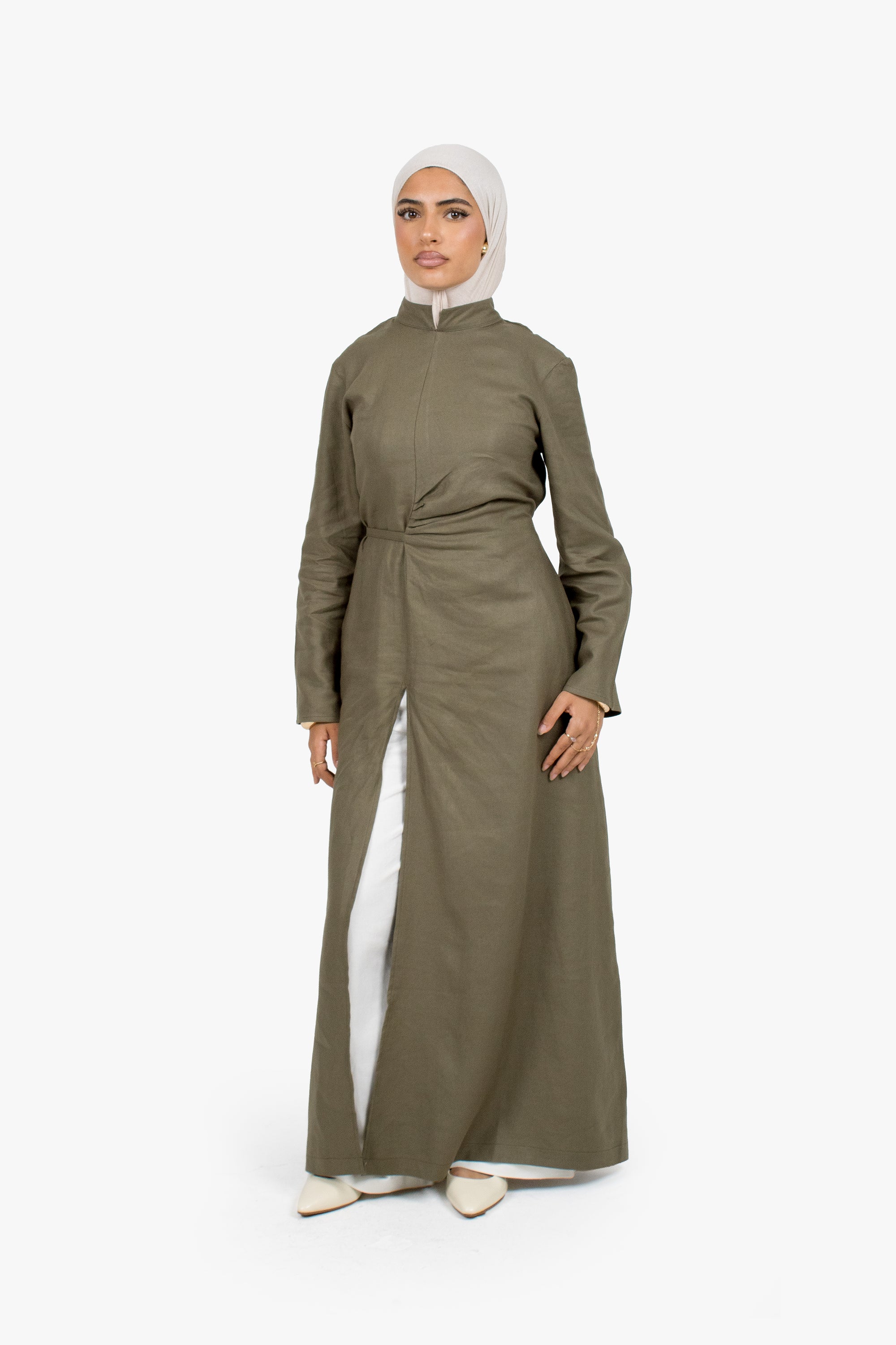 Olive Linen Cotton Ruched Slit Dress