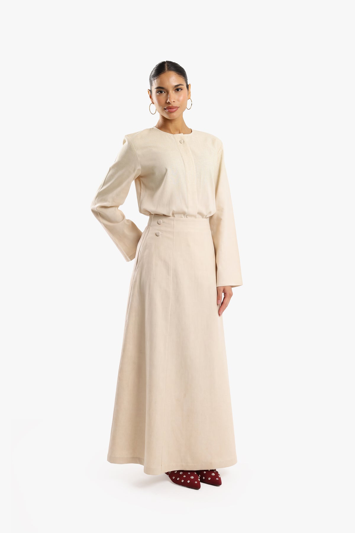 Cream White Linen Cotton Covered Button Skirt