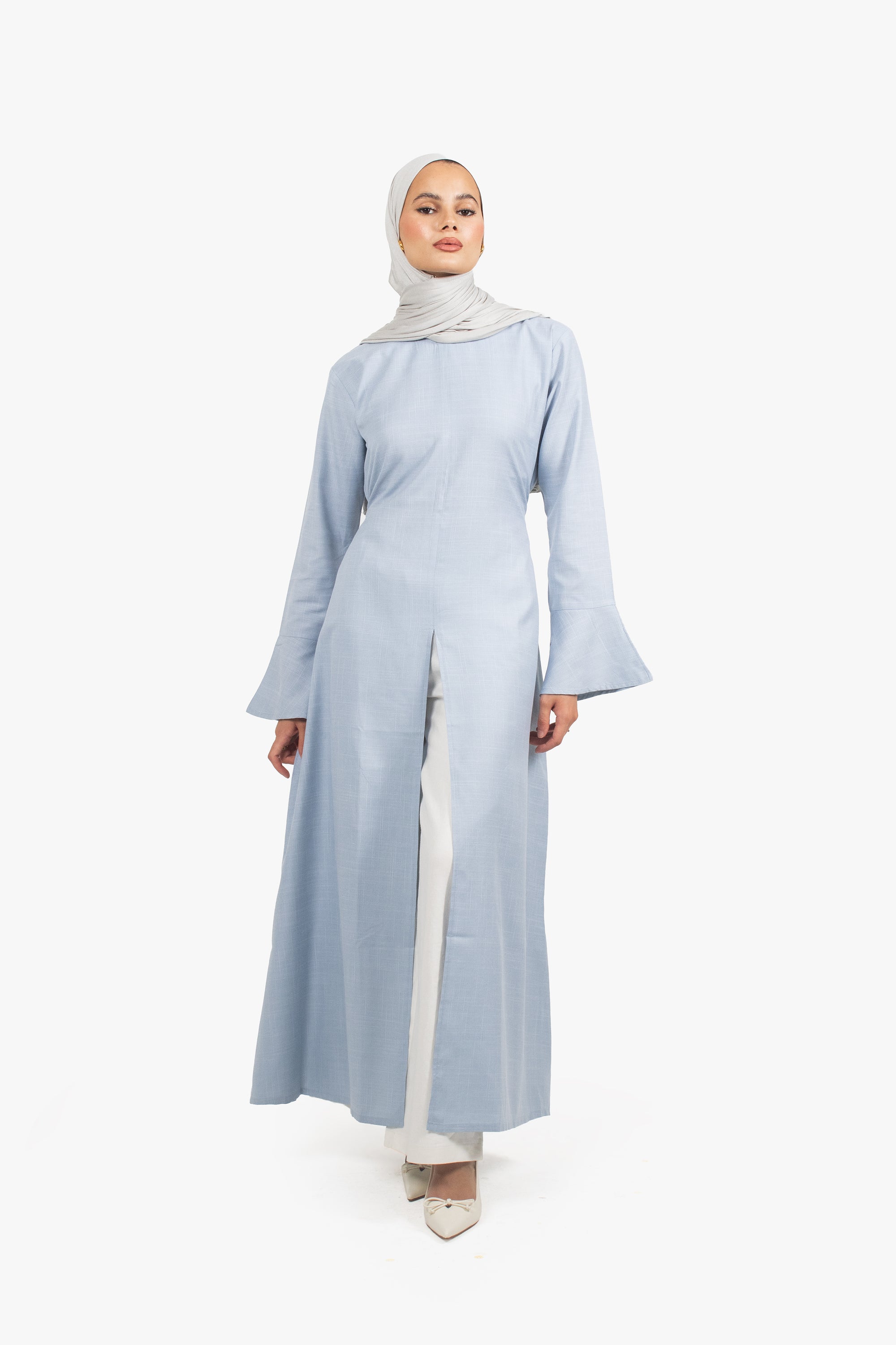 Pale Blue Cotton Blend Front Slit Dress