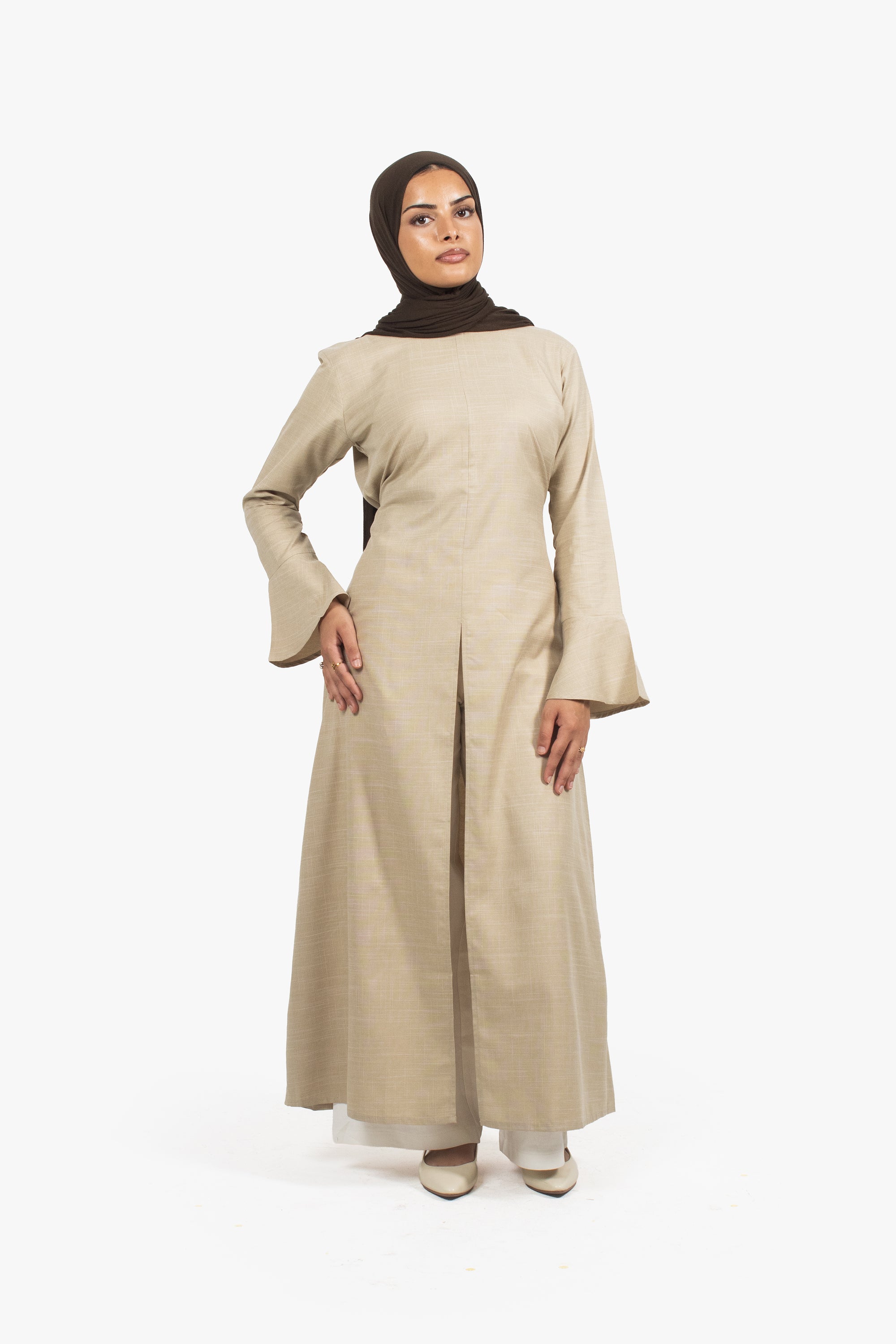 Beige Cotton Blend Front Slit Dress