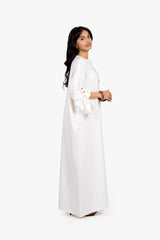 Ecru White Linen Cotton Button Sleeve Abaya