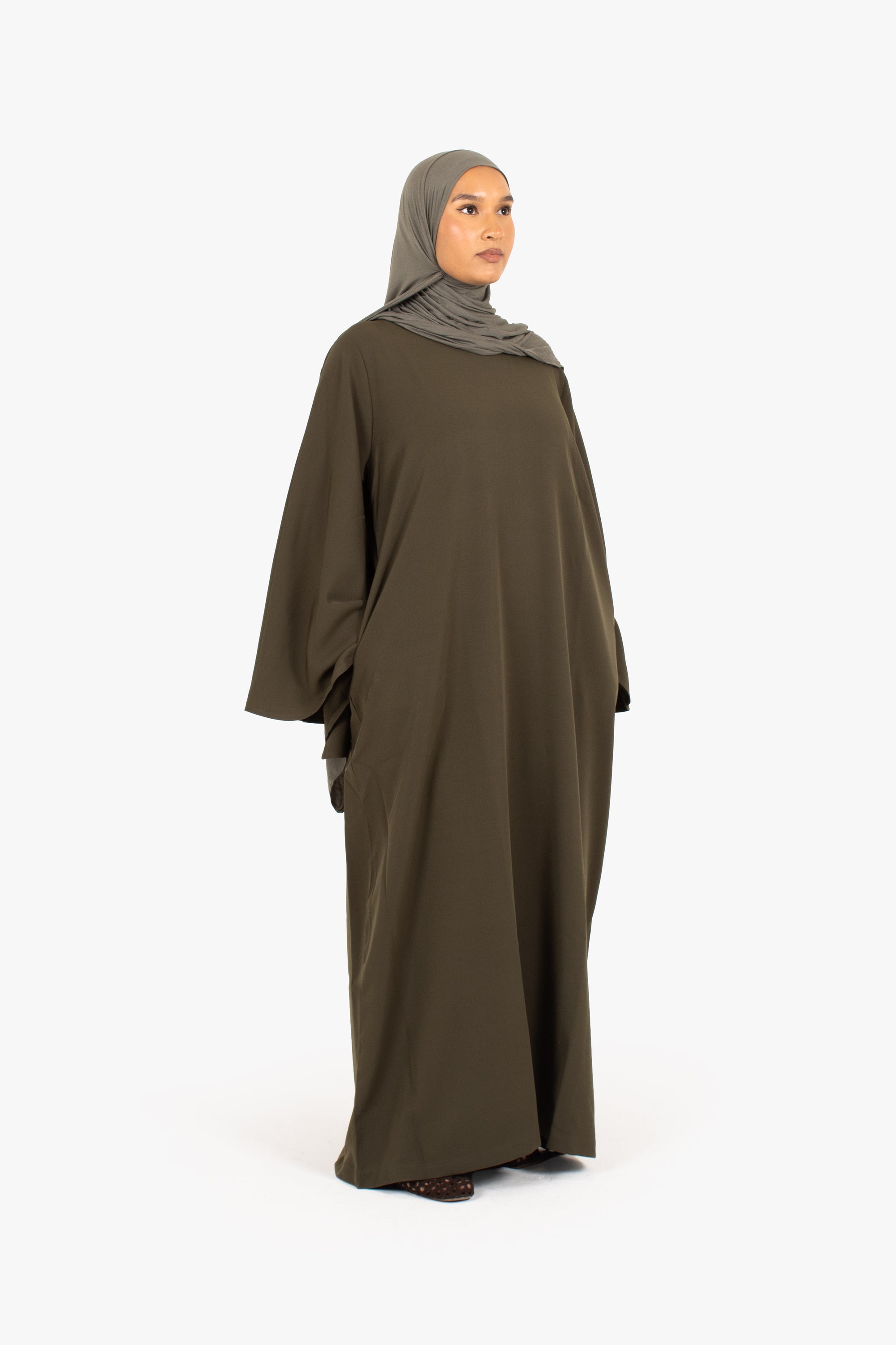 Khaki Powder Touch Crepe Umbrella Sleeve Abaya