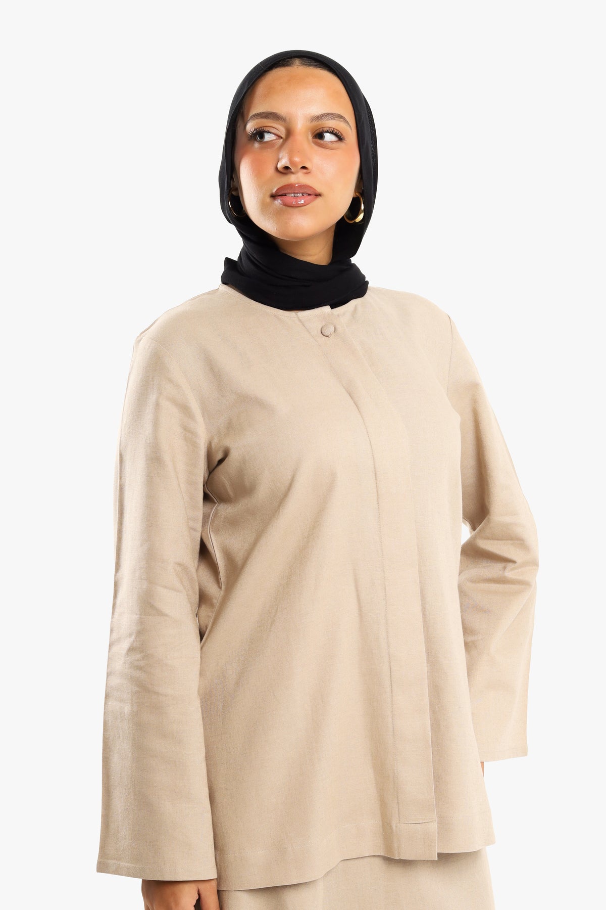 Latte Beige Linen Cotton Covered Button Top