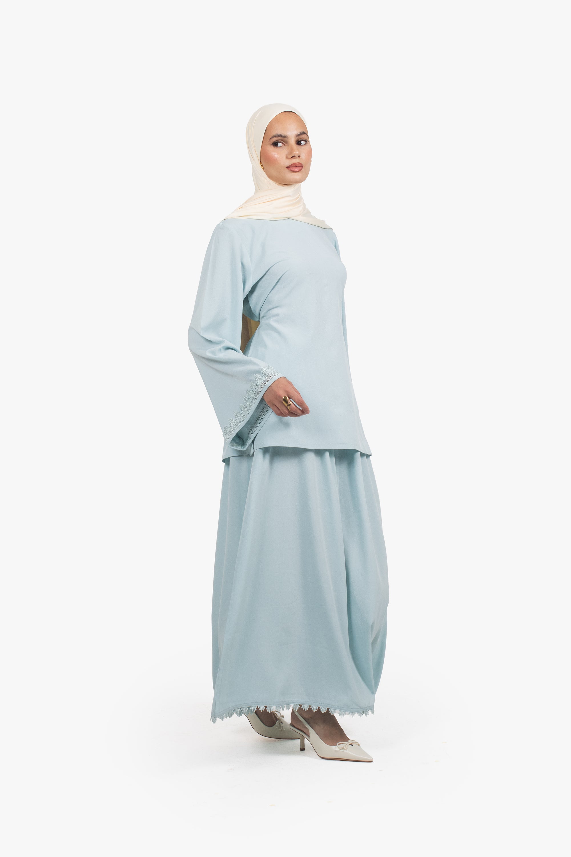 Mist Blue Etched Crepe Lace Skirt