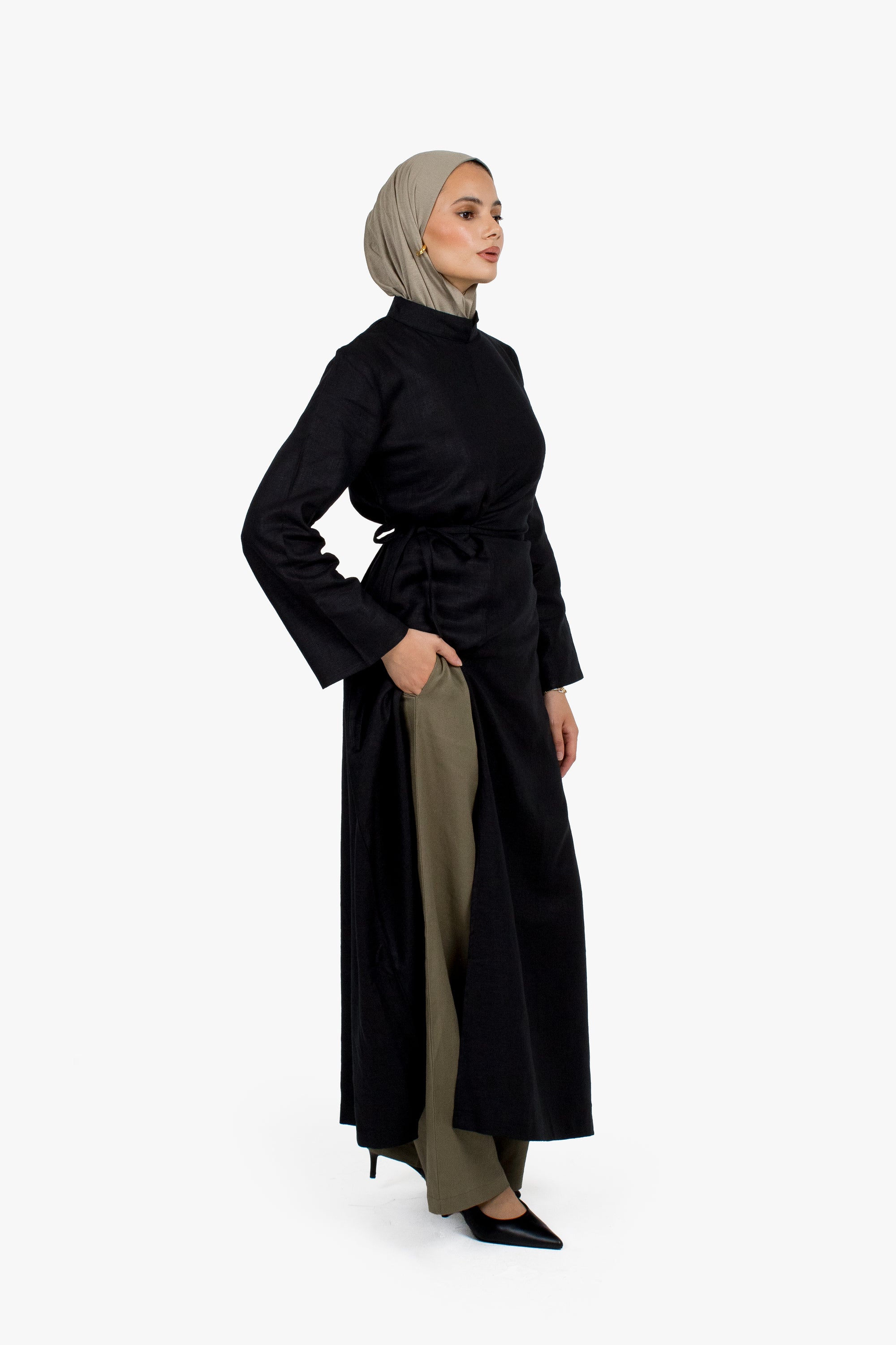 Black Linen Cotton Ruched Slit Dress
