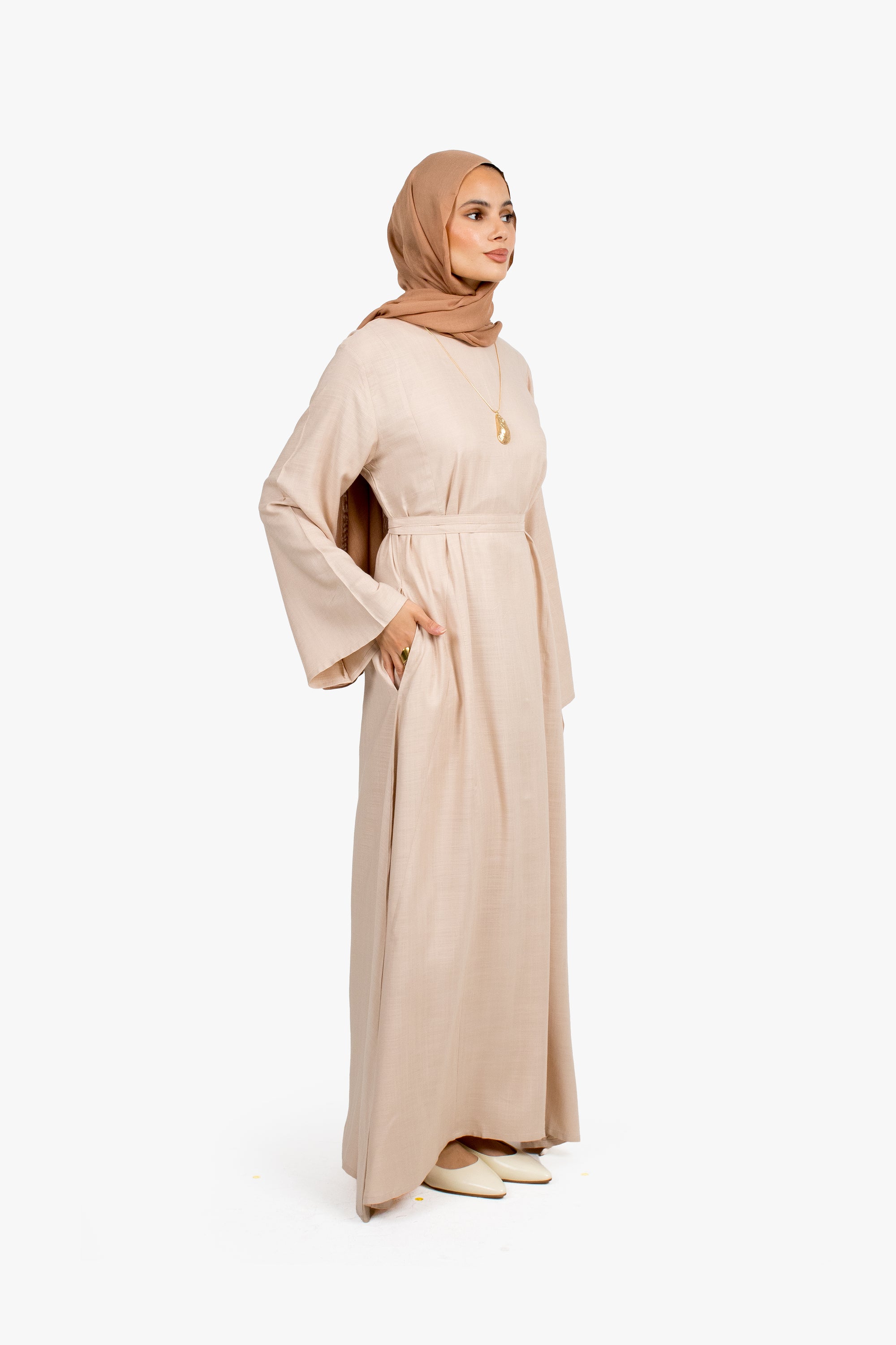 Beige Cotton Blend Pleated Tie Dress