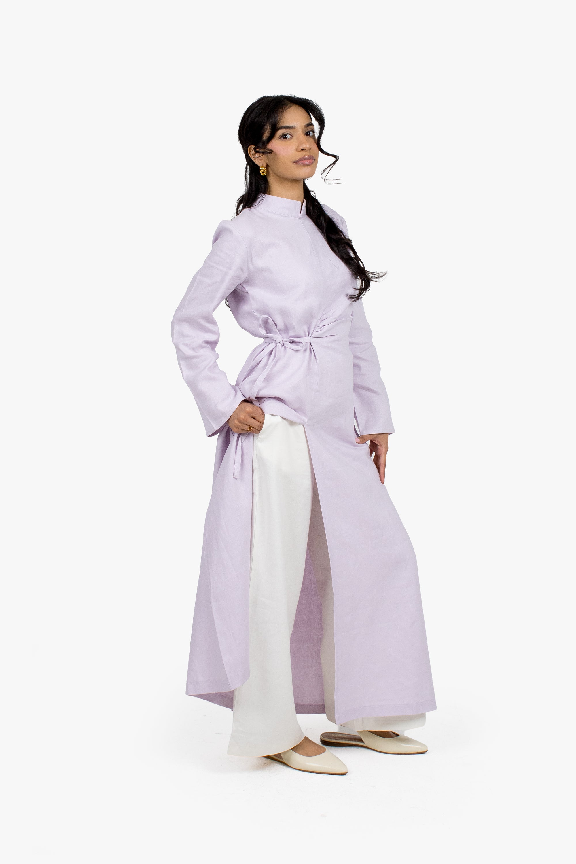 Lilac Linen Cotton Ruched Slit Dress