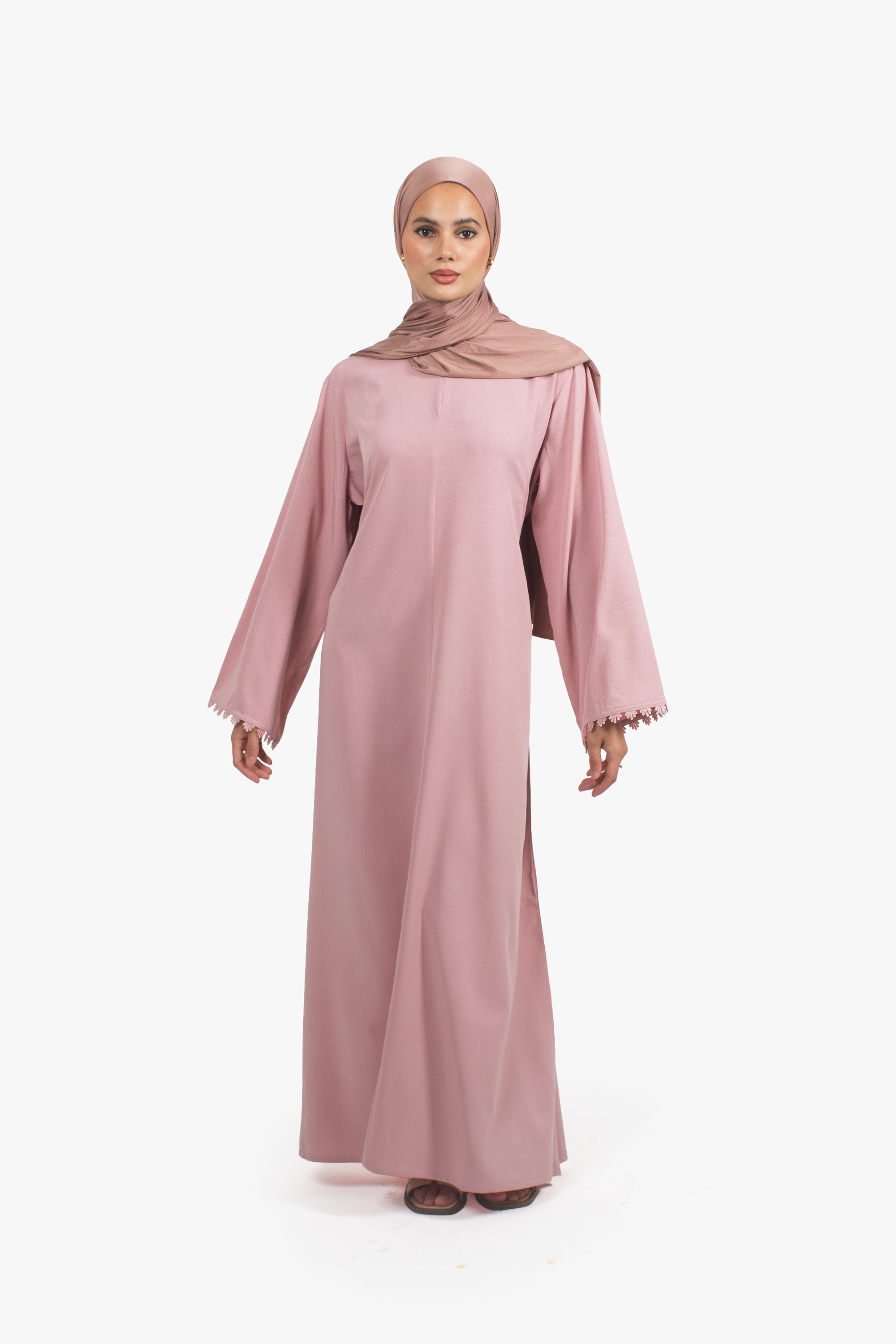 Rose Pink Etched Crepe Lace Abaya