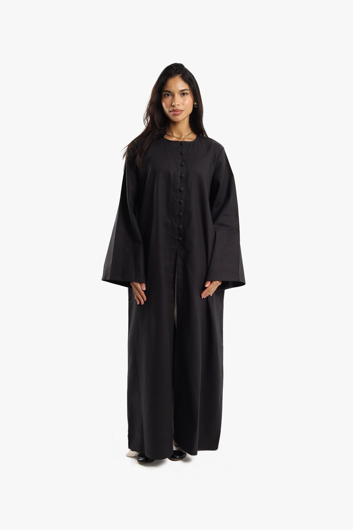 Black Linen Cotton Covered Button Open Abaya