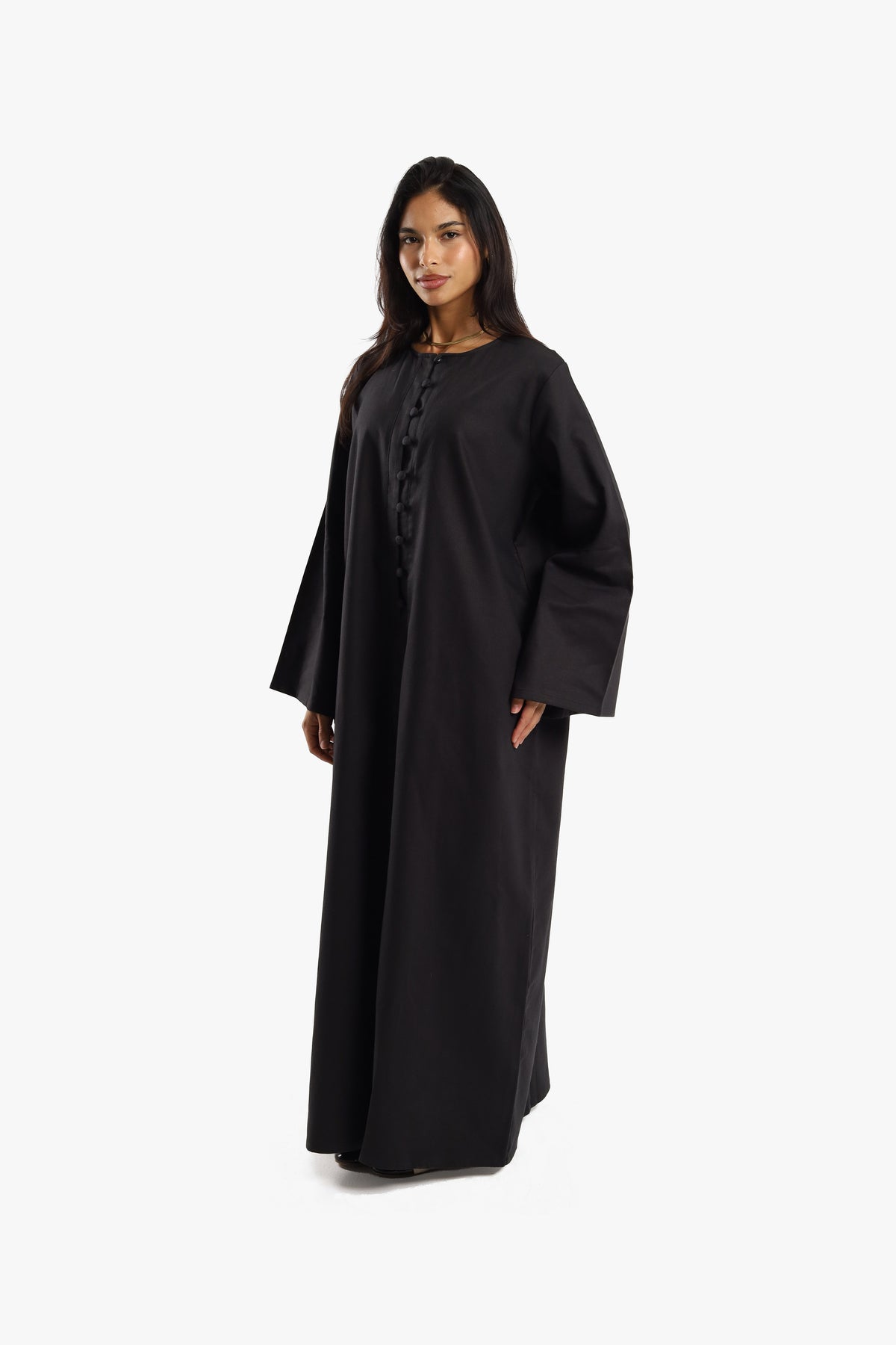 Black Linen Cotton Covered Button Open Abaya