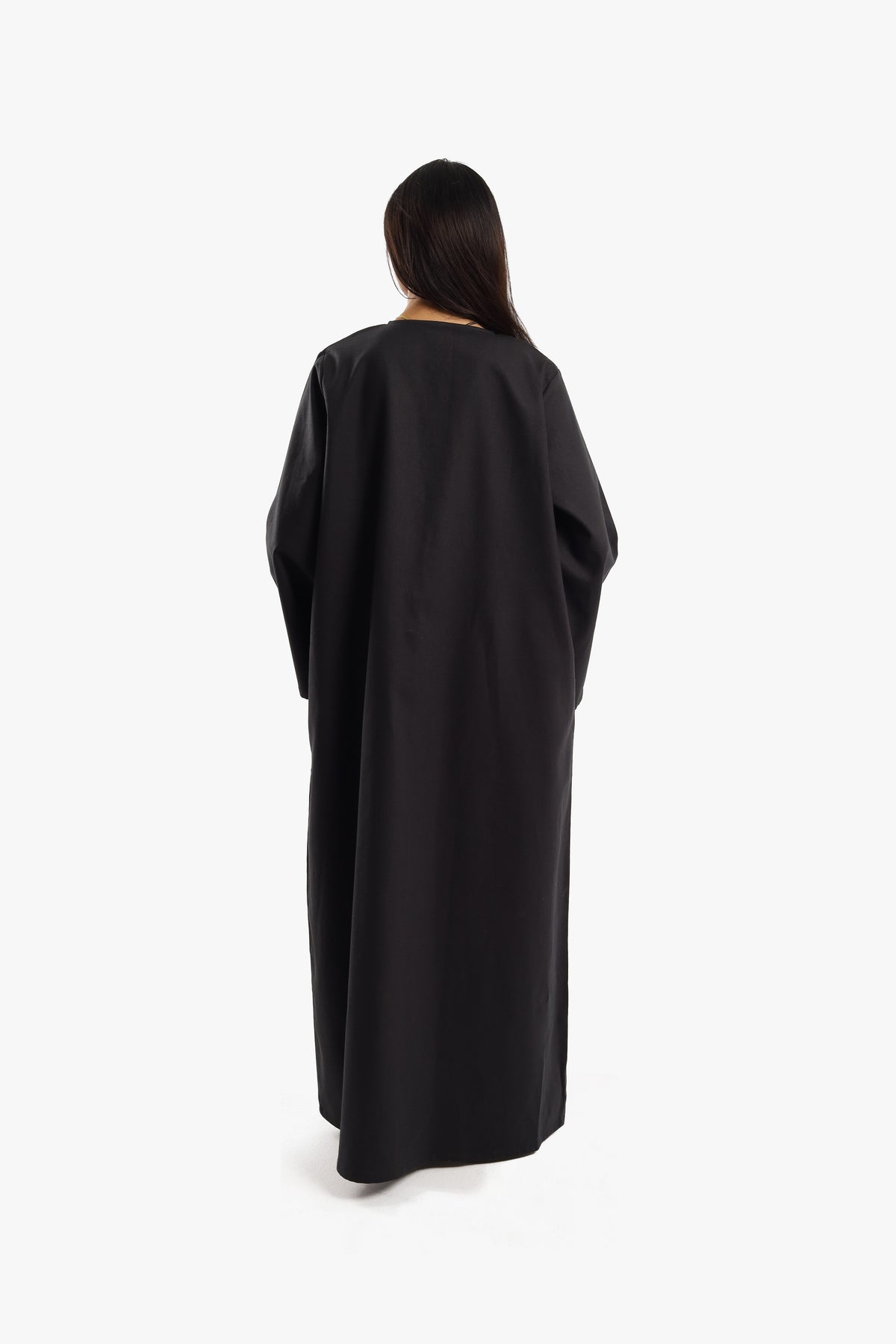 Black Linen Cotton Covered Button Open Abaya