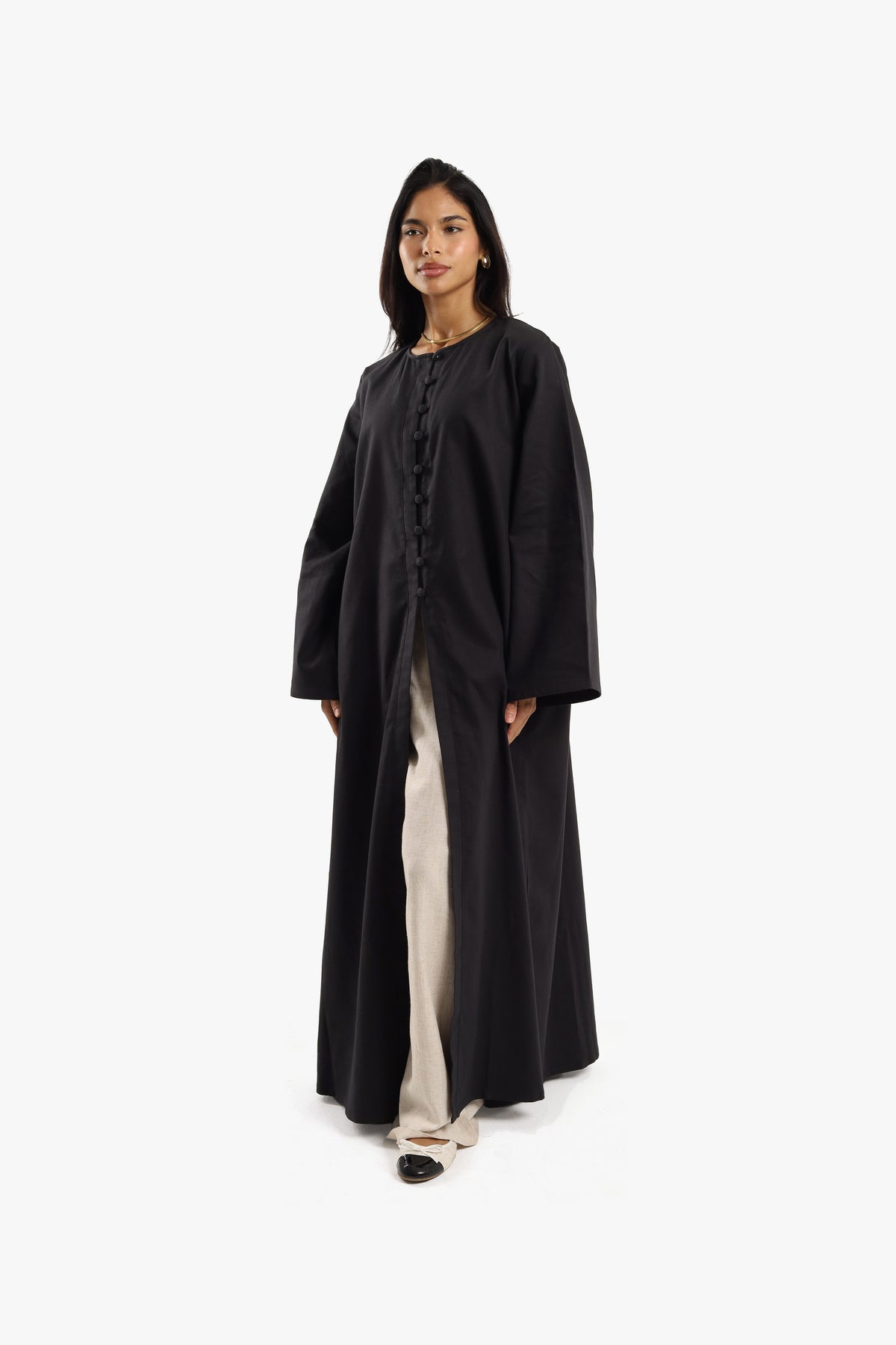 Black Linen Cotton Covered Button Open Abaya