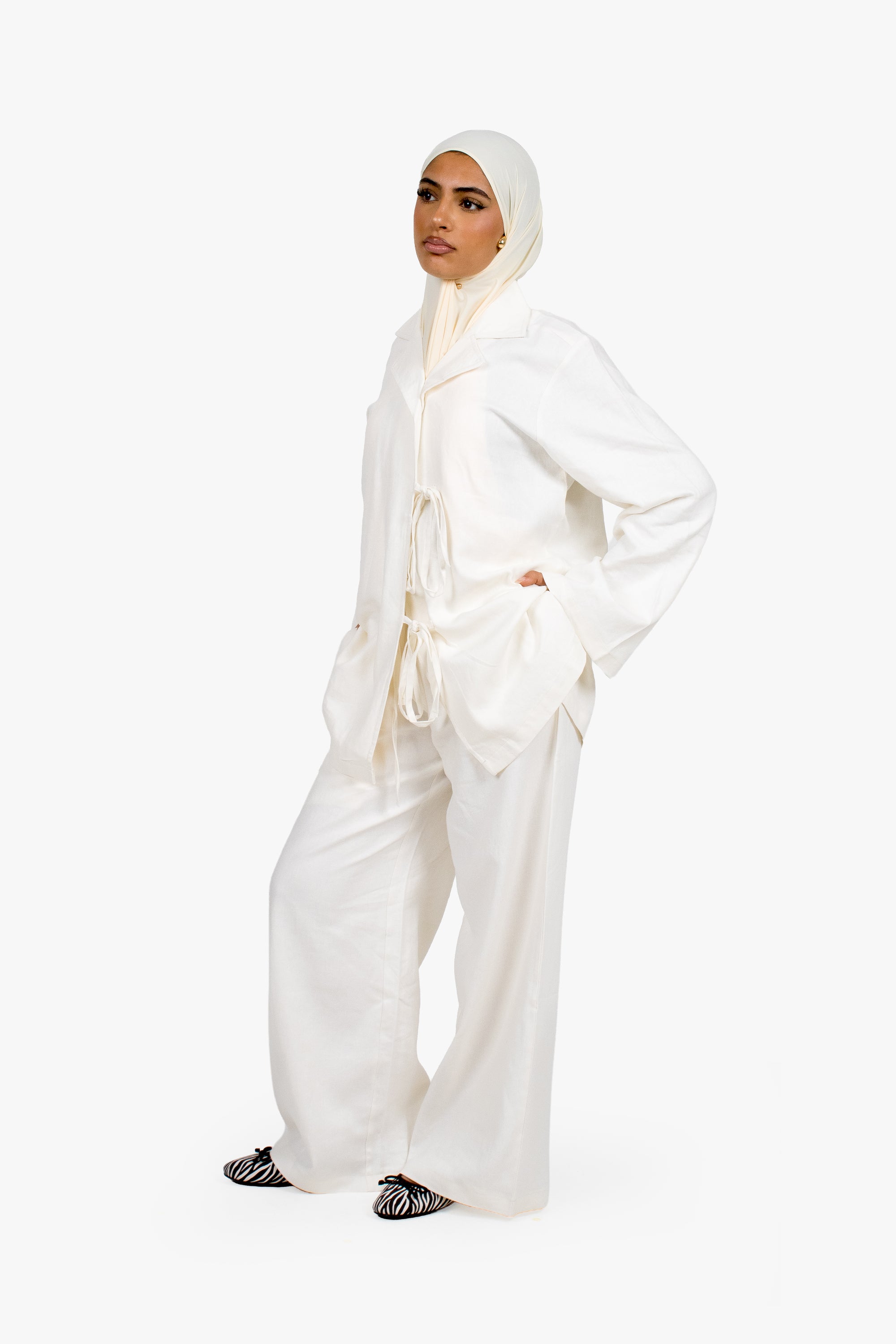 Ecru White Linen Cotton Notch Collar Top