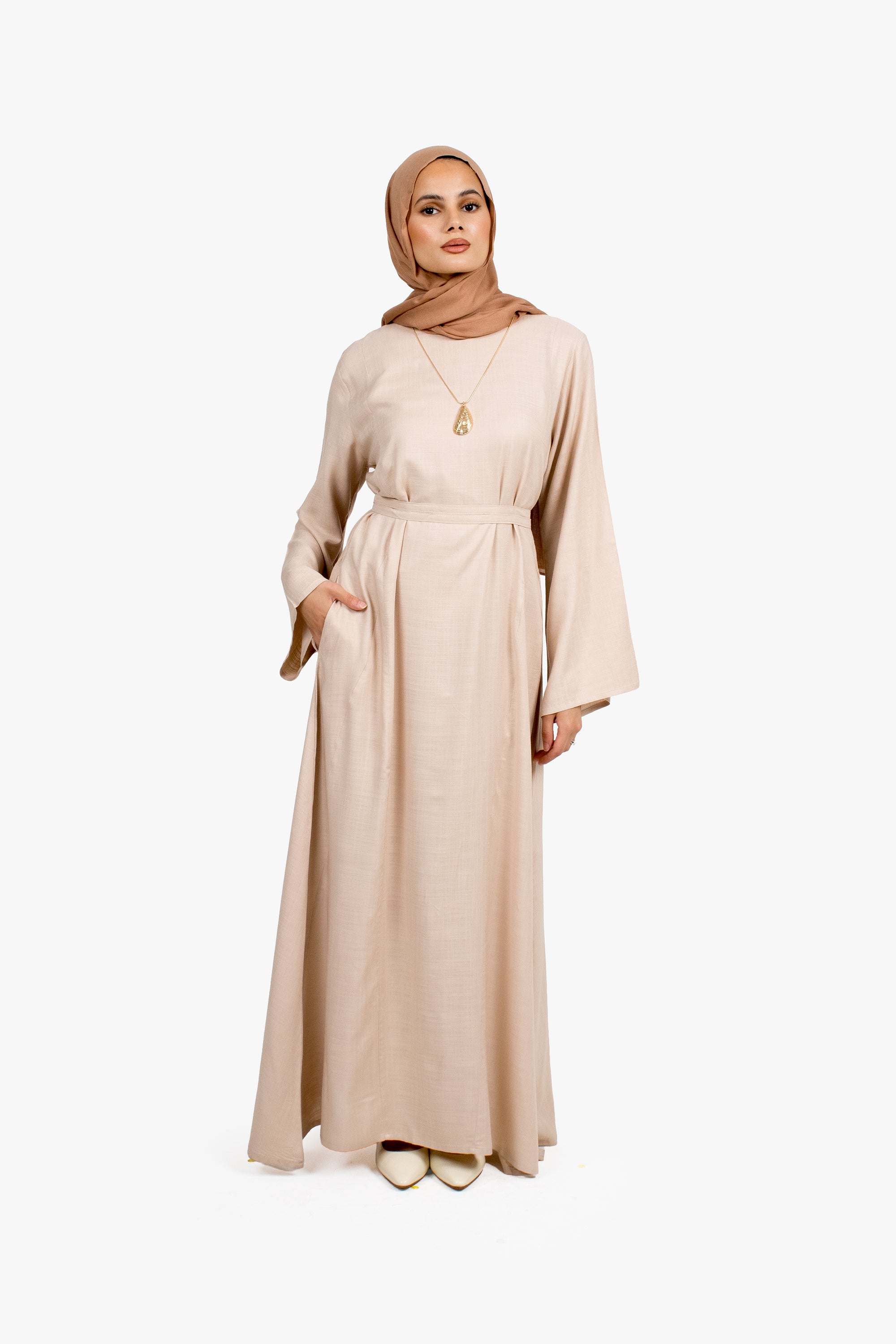Beige Cotton Blend Pleated Tie Dress