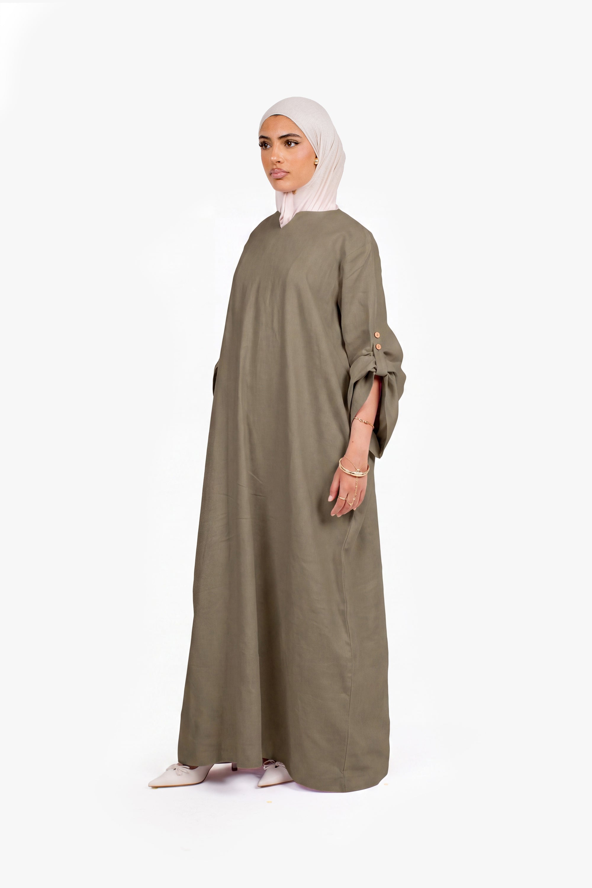 Olive Linen Cotton Button Sleeve Abaya