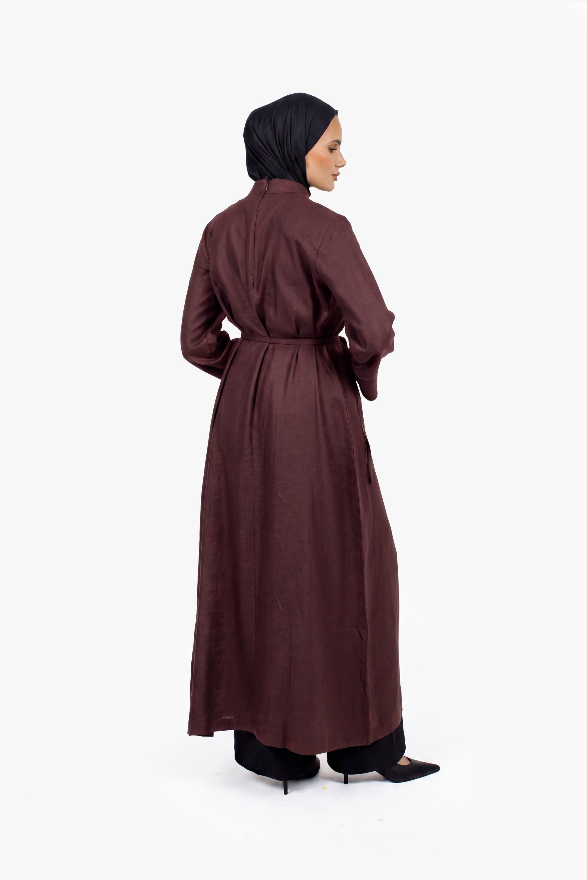 Chocolate Linen Cotton Ruched Slit Dress