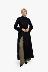 Black Linen Cotton Ruched Slit Dress