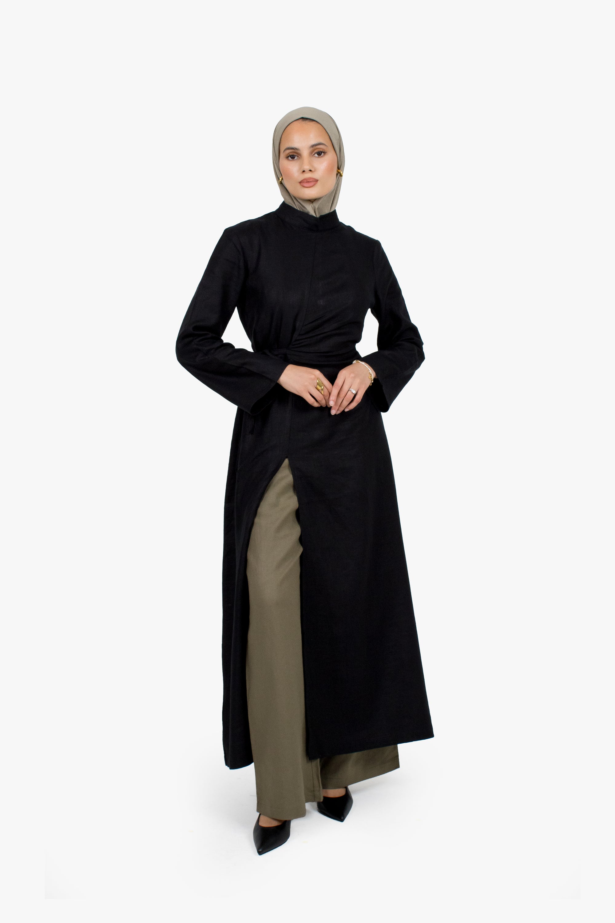 Black Linen Cotton Ruched Slit Dress