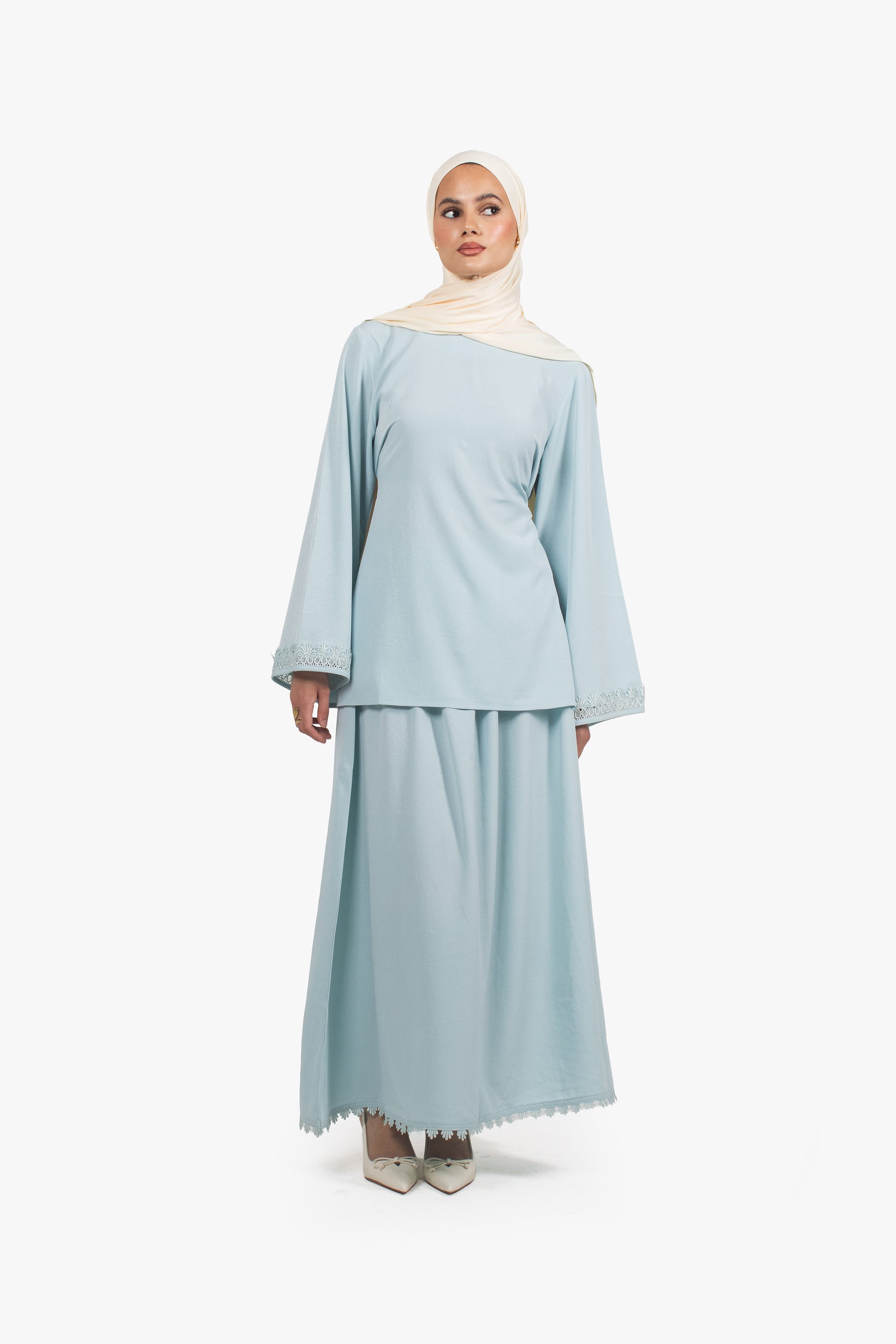 Mist Blue Etched Crepe Lace Top