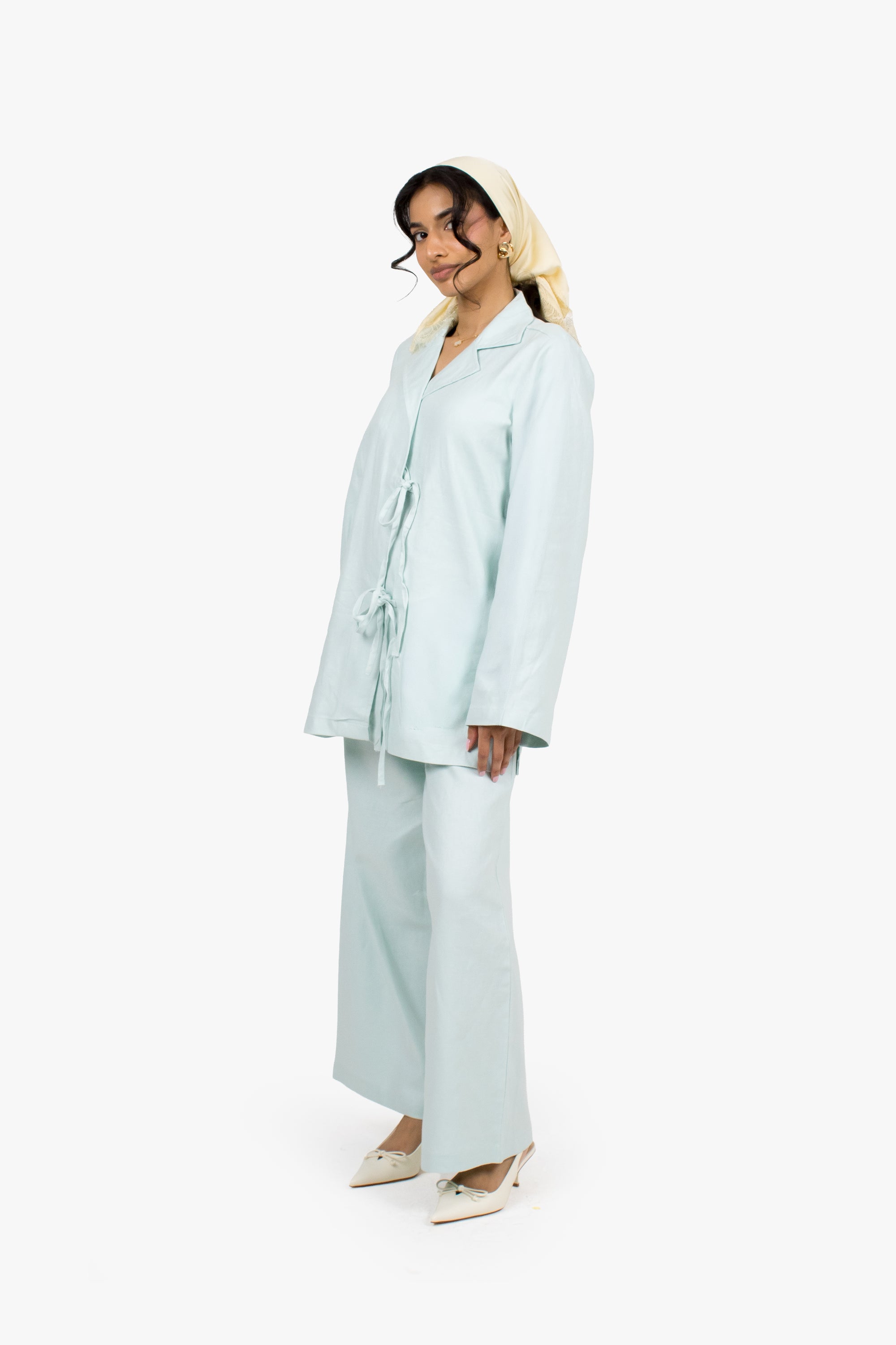 Baby Blue Linen Cotton Notch Collar Top