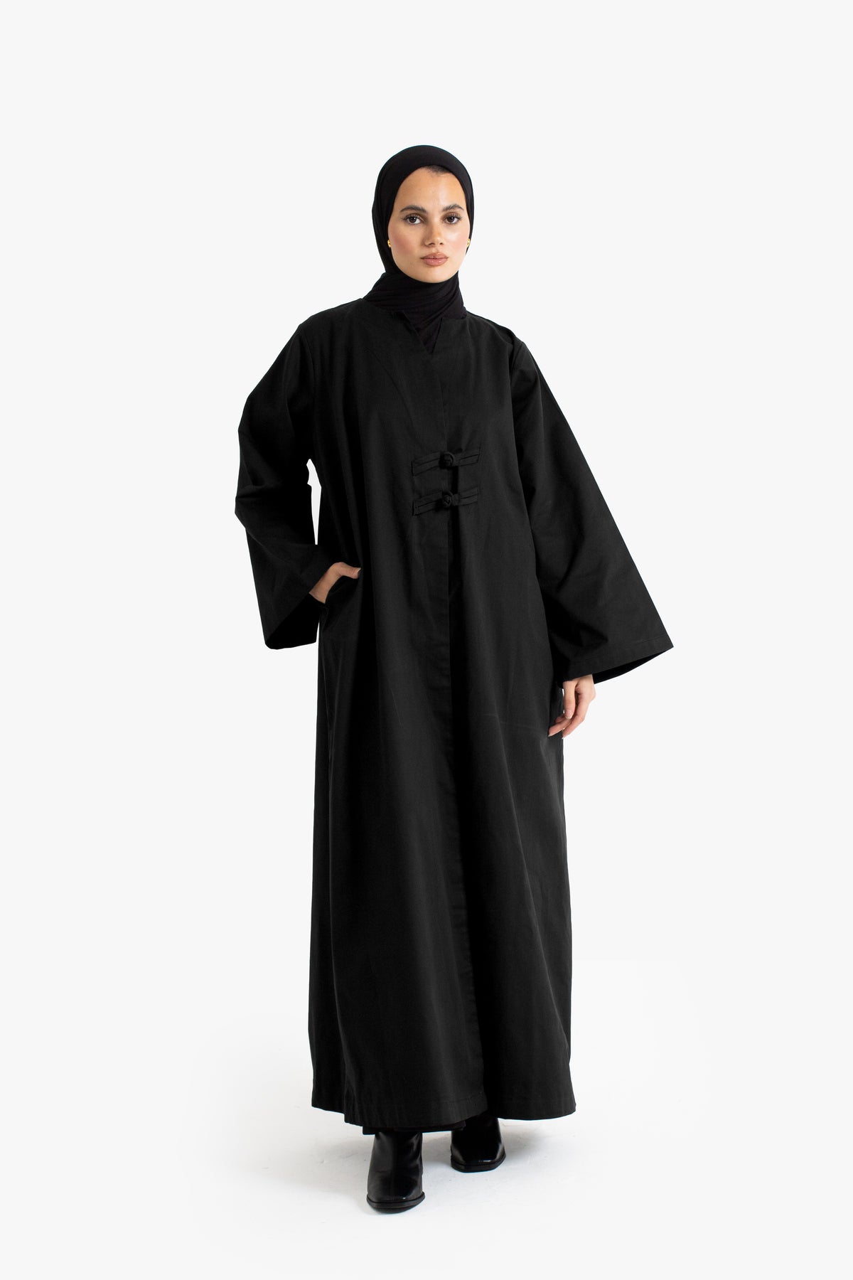 Black Cotton Frog Button Open Abaya