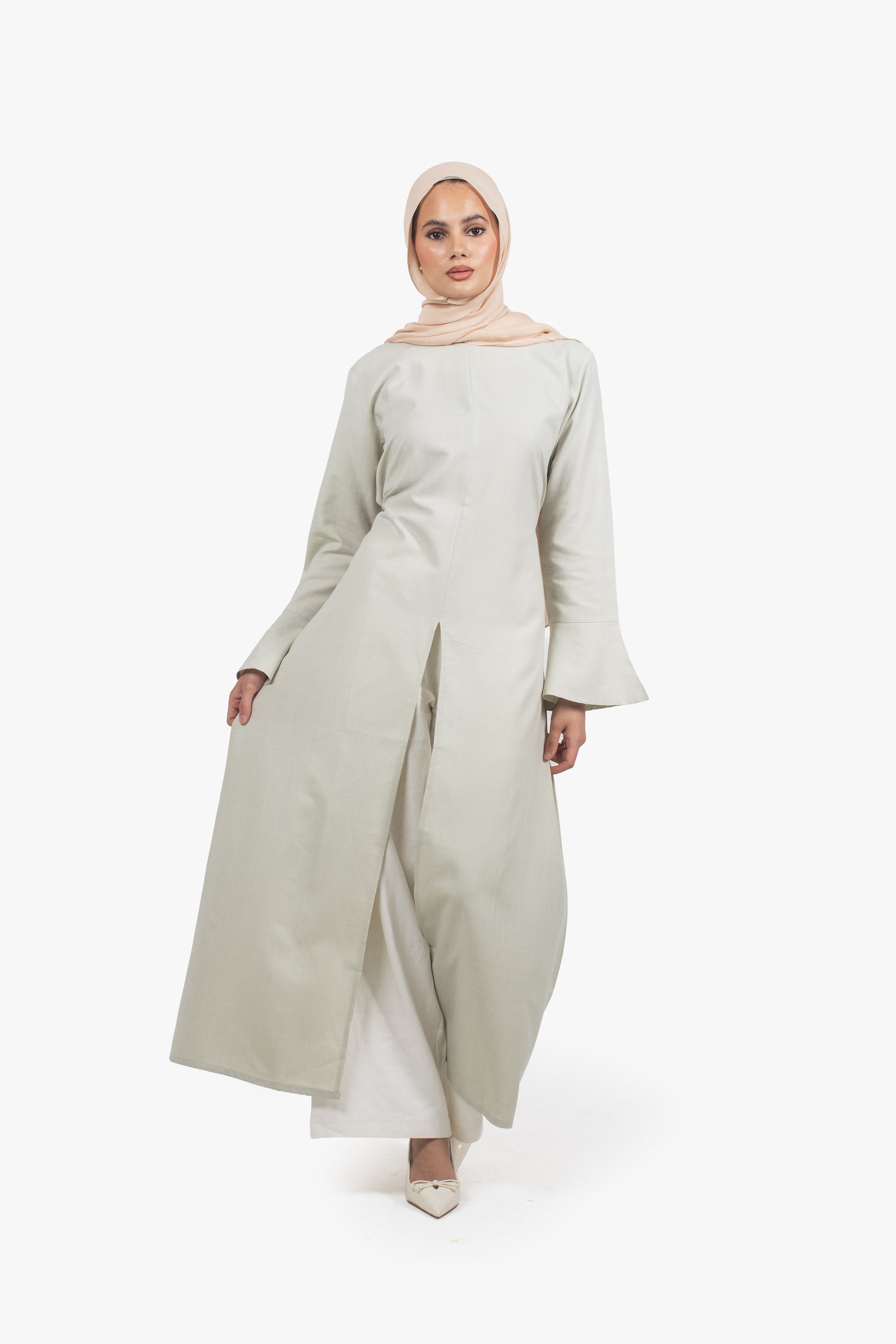 Sage Green Cotton Blend Front Slit Dress