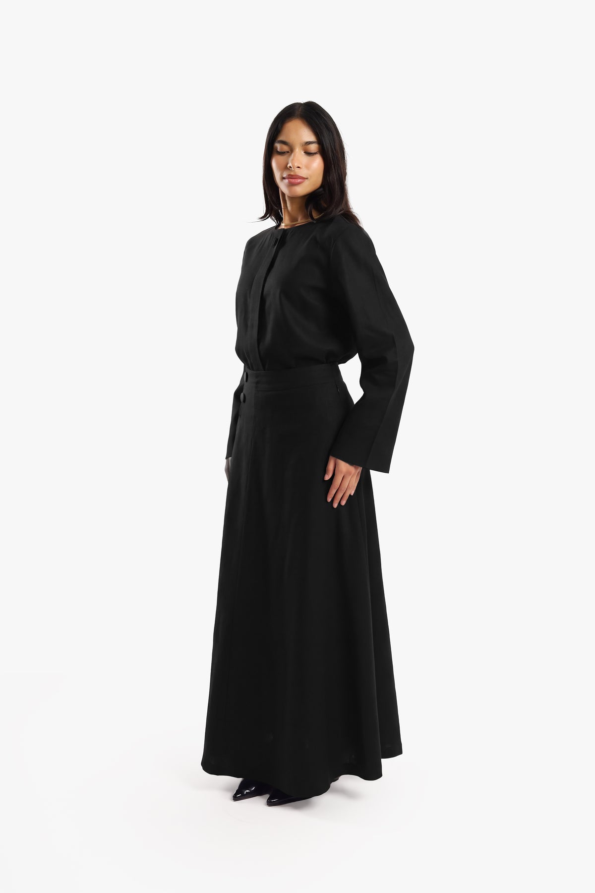 Black Linen Cotton Covered Button Skirt