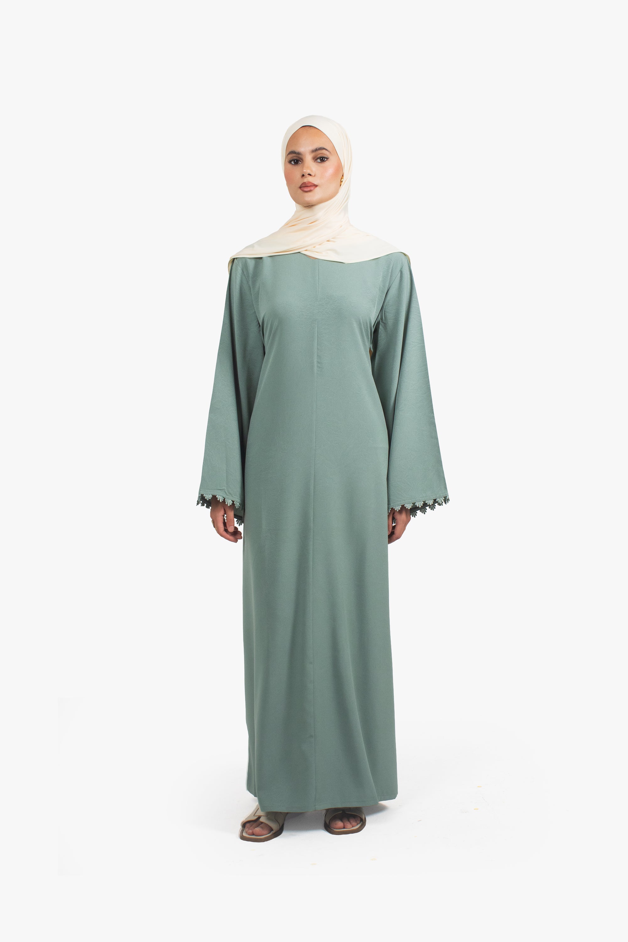 Sea Green Etched Crepe Lace Abaya