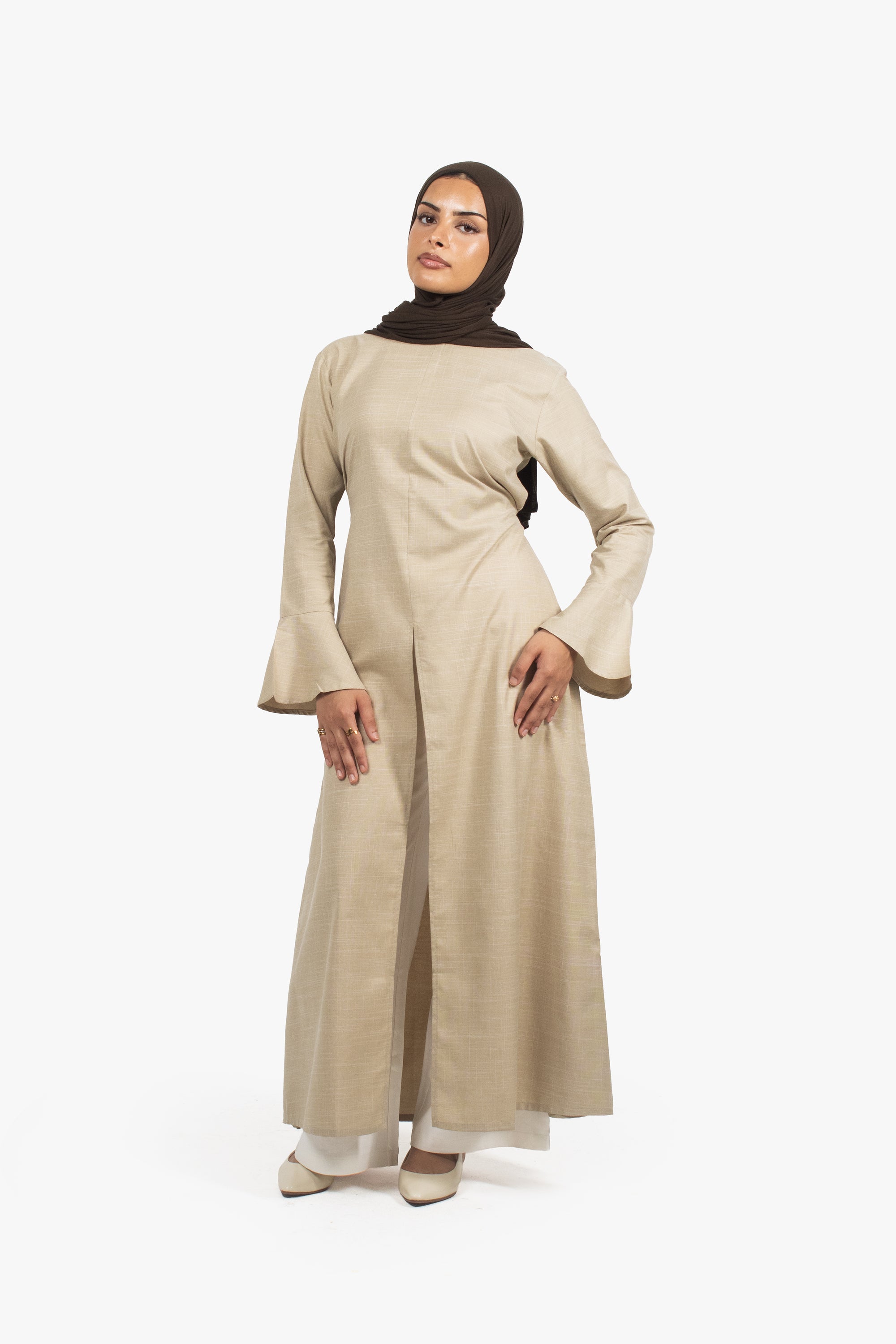 Beige Cotton Blend Front Slit Dress