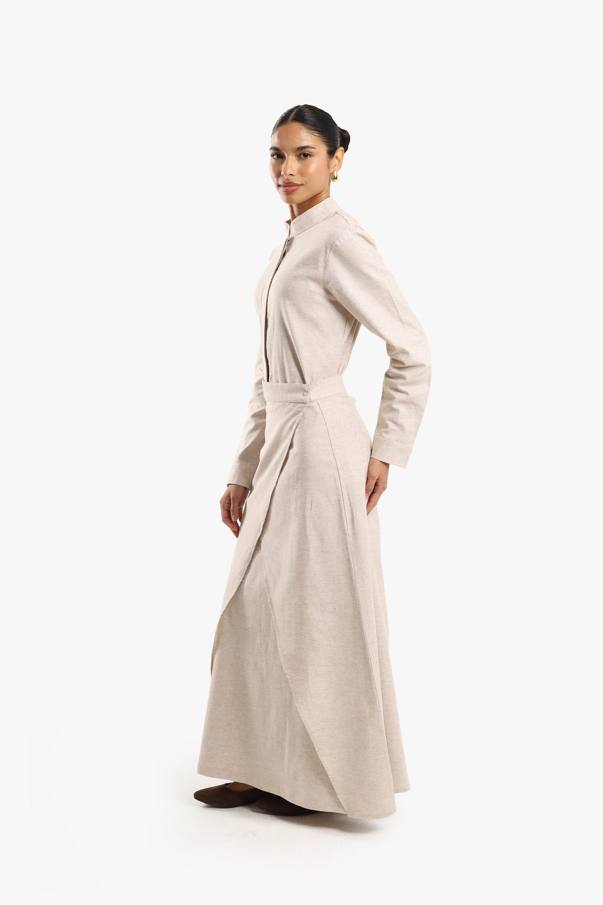 Stone Beige Linen Cotton Mandarin Two-Piece Dress