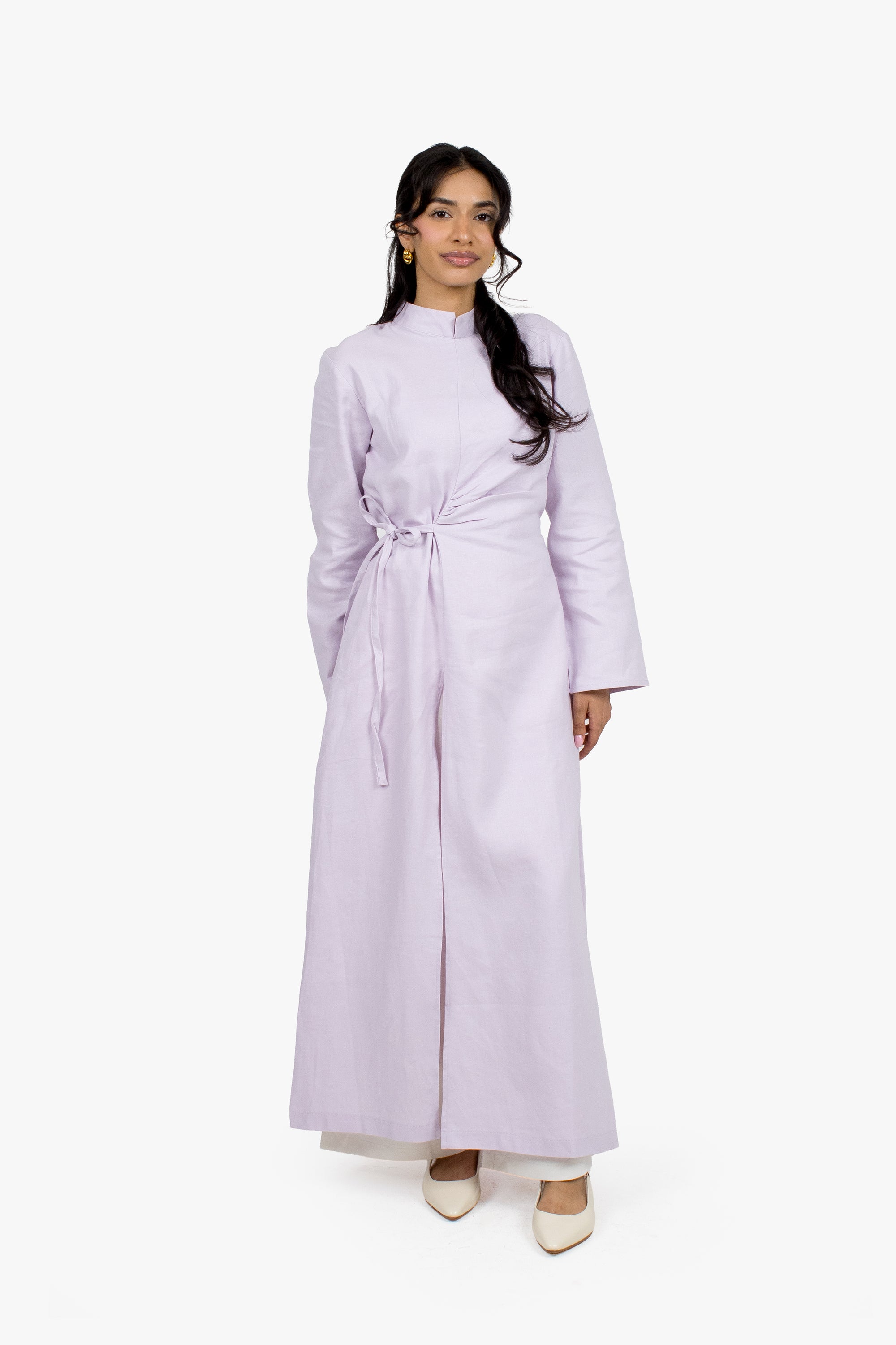 Lilac Linen Cotton Ruched Slit Dress