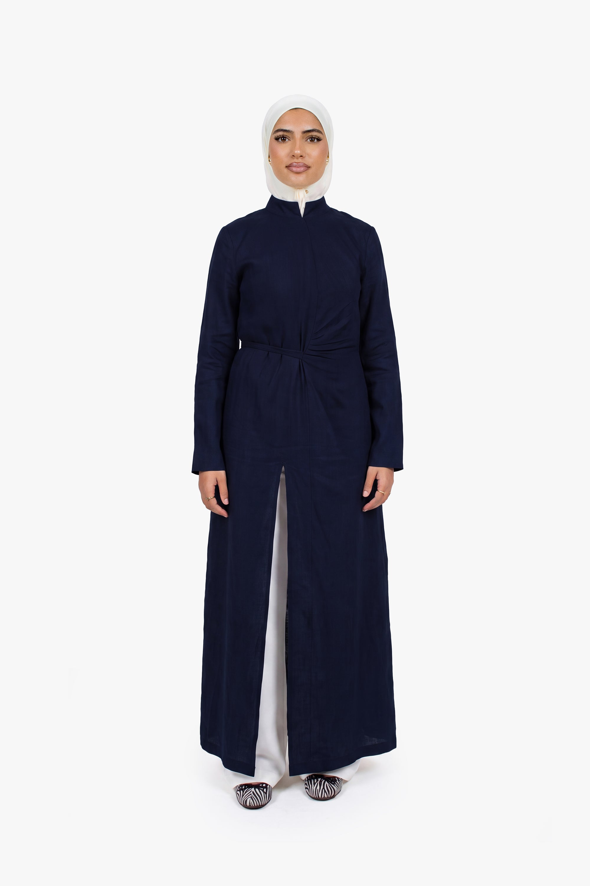 Navy Linen Cotton Ruched Slit Dress