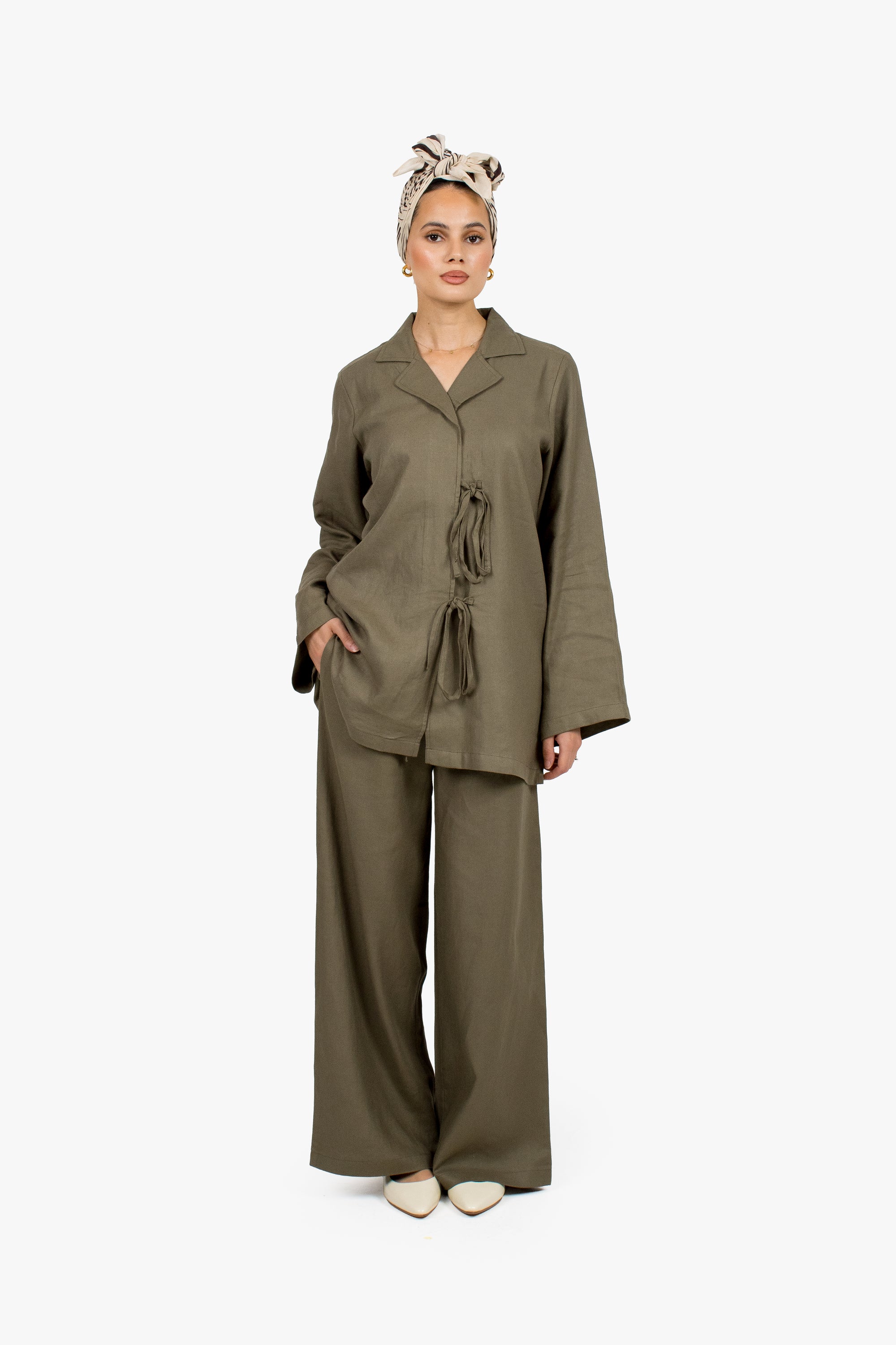 Olive Linen Cotton Notch Collar Top
