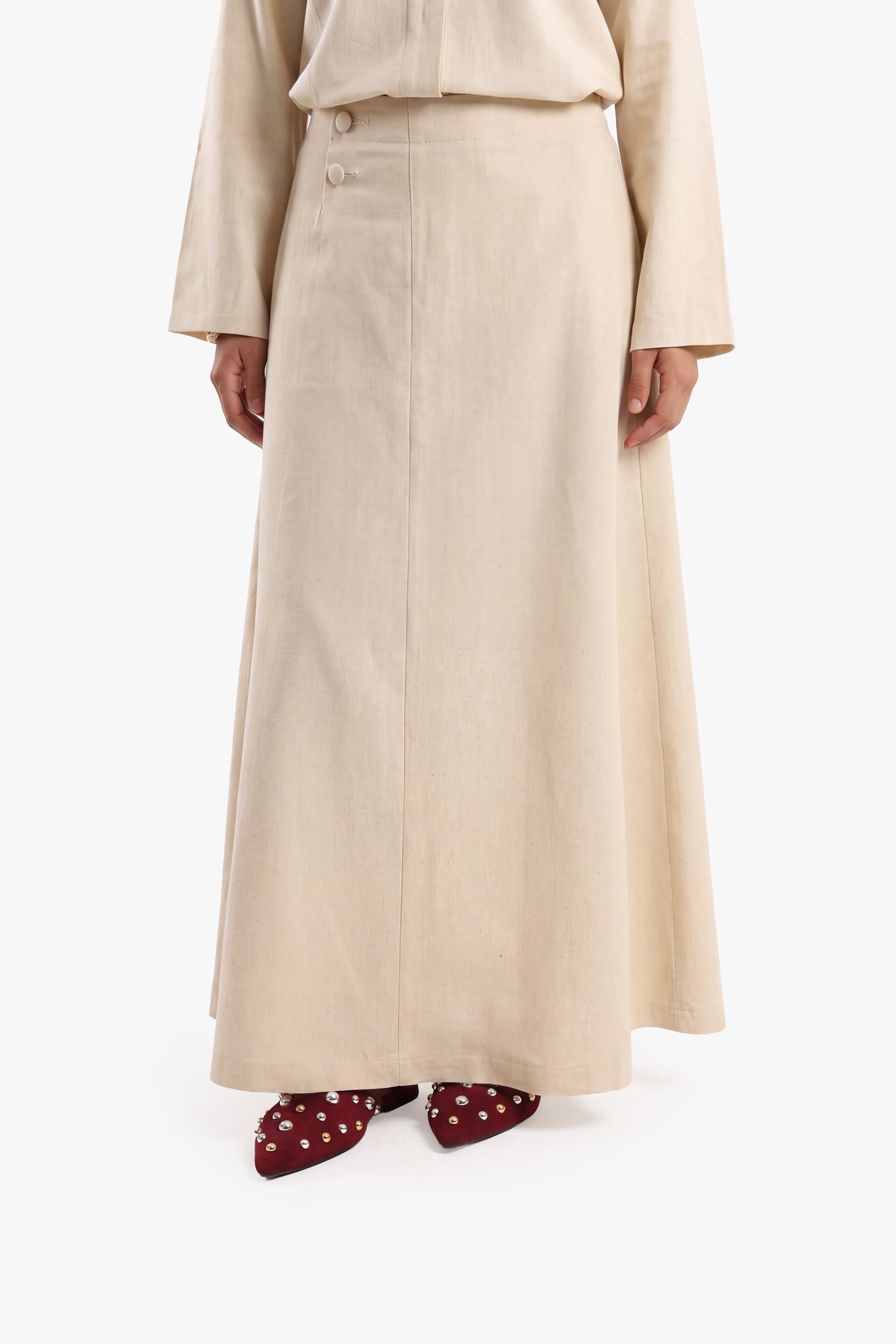 Cream White Linen Cotton Covered Button Skirt
