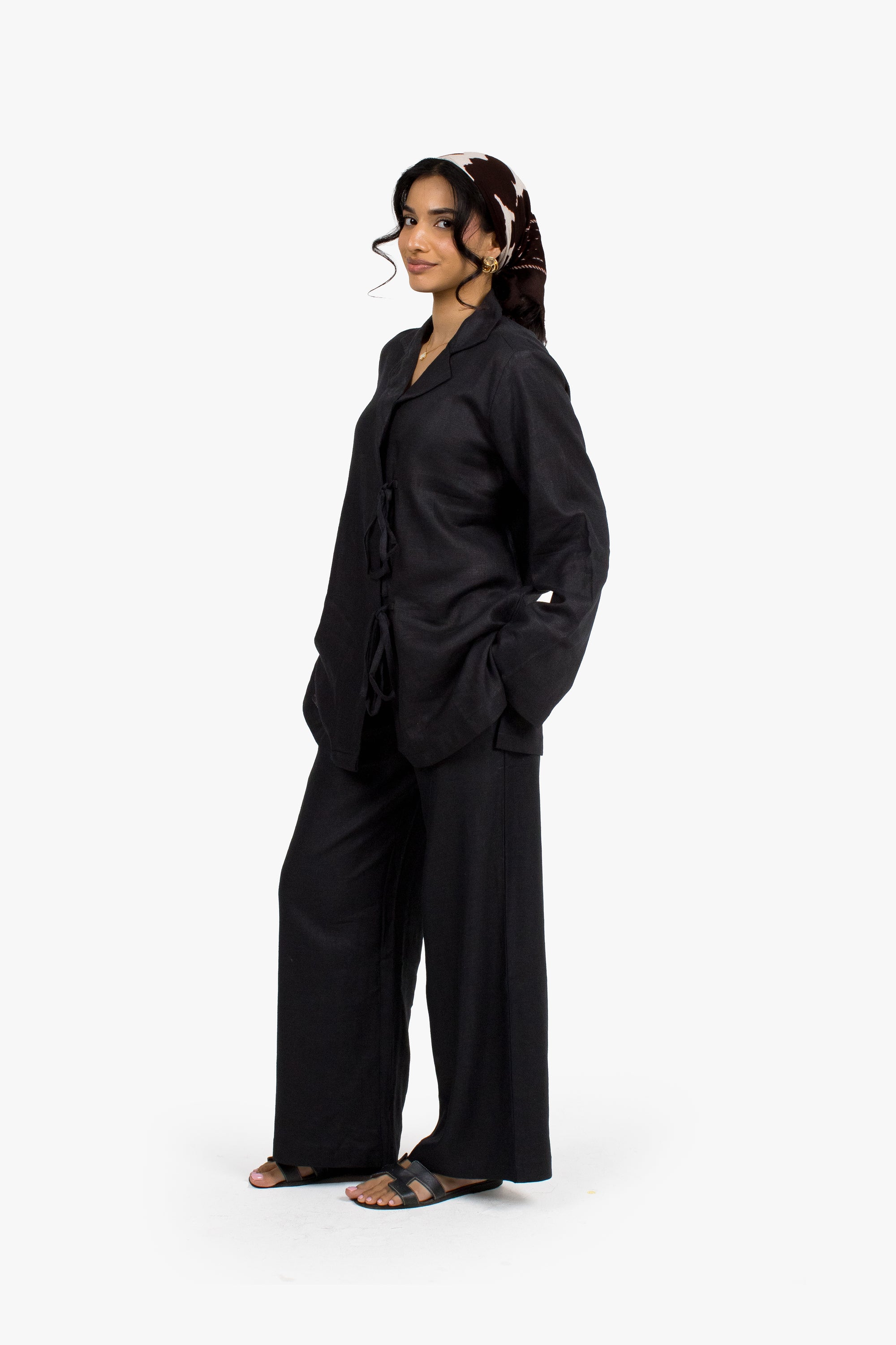 Black Linen Cotton Notch Collar Top
